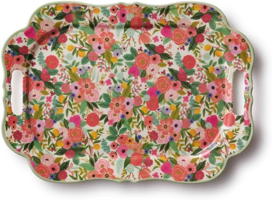 Floral Melamine Serving Tray with Handles, 14.5 x 20 x 0.75 Inch Large Decorative Food Serving Platter, Durable Lightweight Tray for Kitchen, Parties