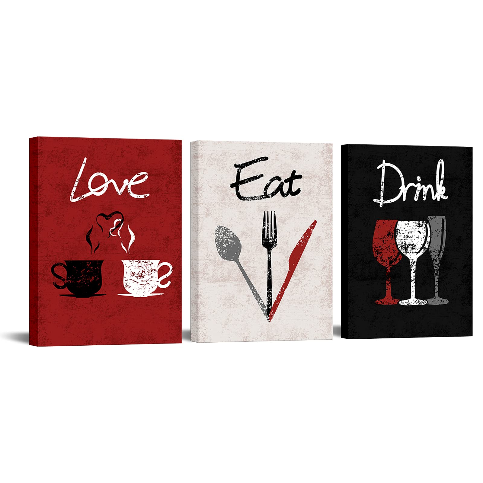 RnnJoile 3 Piece Red Kitchen Decor Love Eat Drink Canvas Wall Art Pcitures Set Dinning Room Wall Accessories Gift for Women Her Restaurants Chef Framed 12"x16"