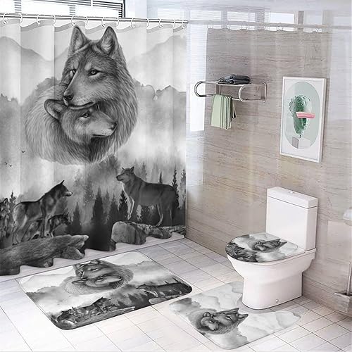 Juego de cortinas de ducha para baño, diseño de lobo y vida silvestre, diseño de lobo brumoso, 3D, antideslizante, impermeable, tapete para inodoro,