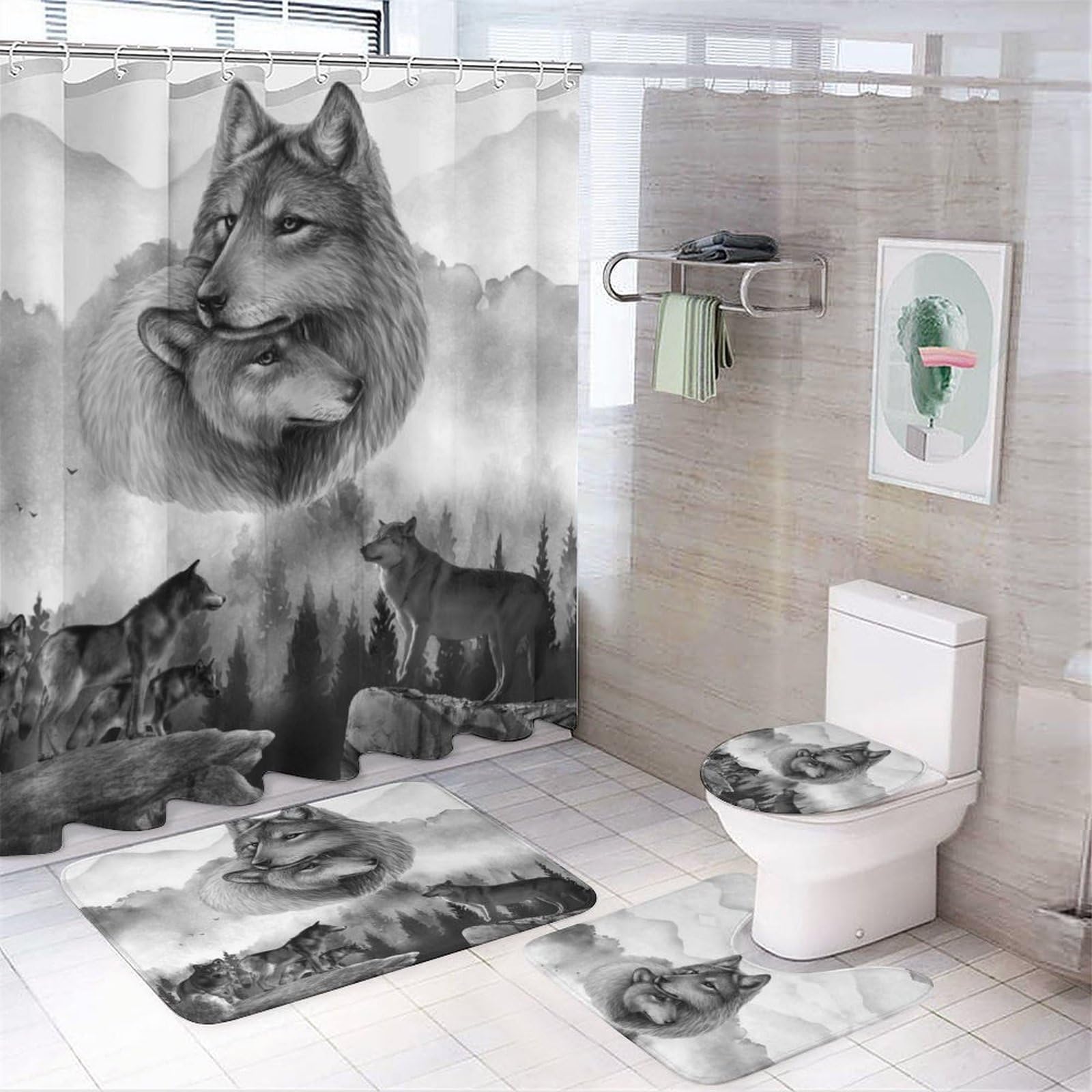 FBMLBRB Brebasf Vintage Wildlife Wolf Creative Bathroom Shower Curtain Set Misty Forest 3D Wolf Print Non Slip Waterproof Bath Mat Toilet Mat Rugs,72"