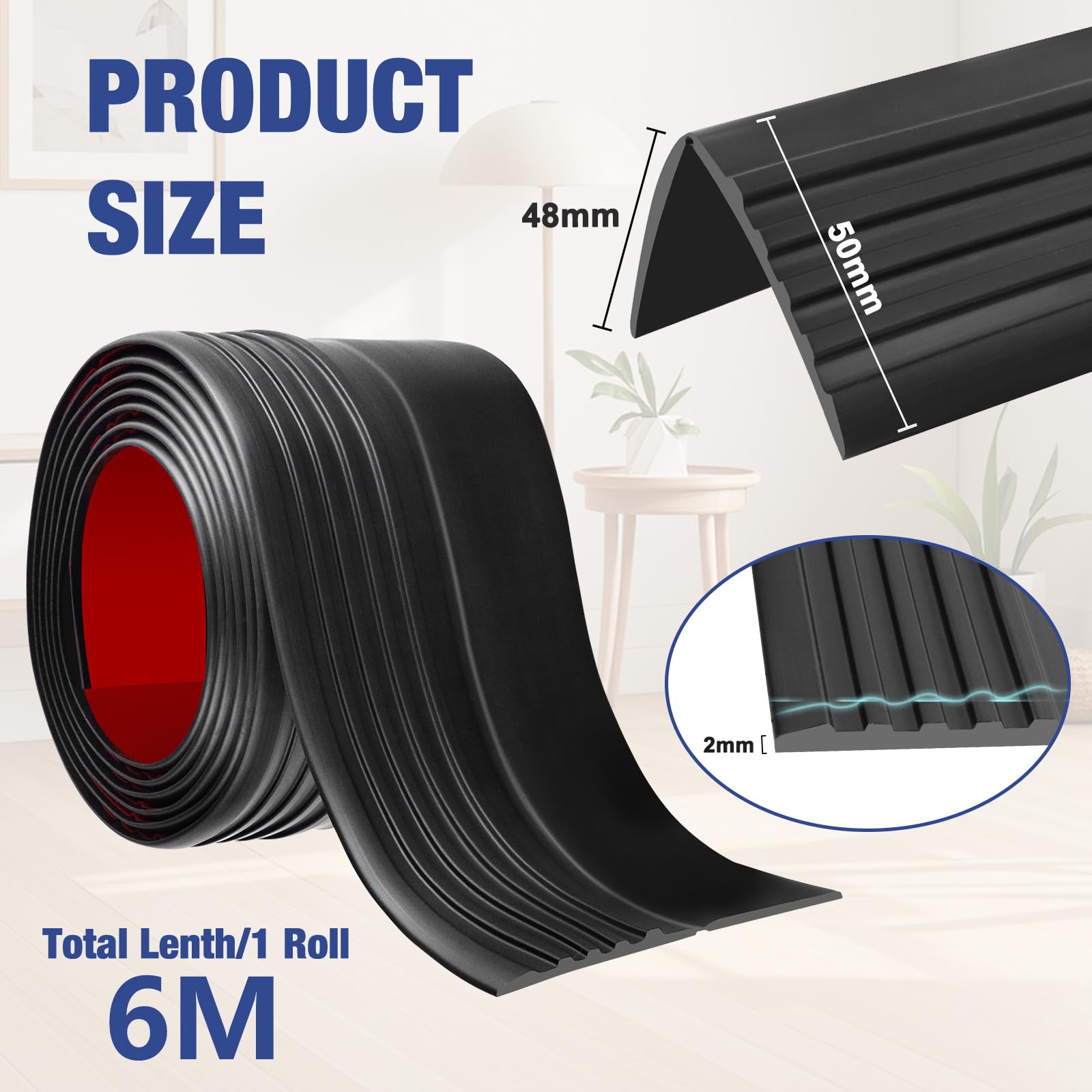 Perfil de Borde de Escalera Autoadhesivo en Forma de L 6m Protectores antideslizantes para bordes de escaleras Interiores y Exteriores (50×48mm, Negro)