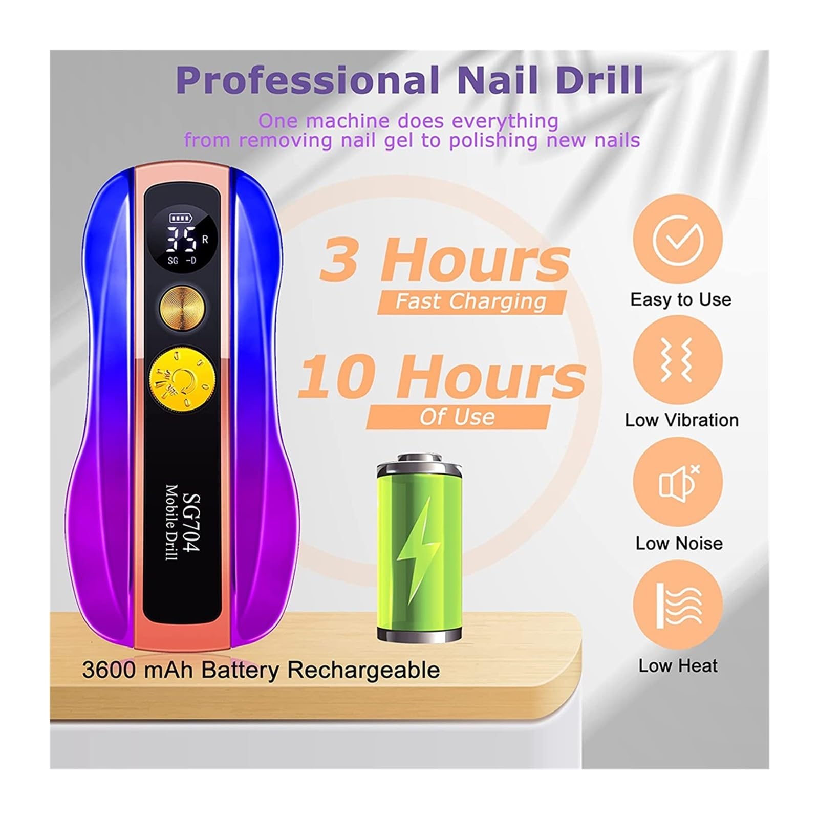 Máquina de pulir uñas Taladro de uñas eléctrico para uñas acrílicas, Taladro de uñas Profesional Recargable para Pulido de Gel acrílico Quitar para Bricolaje Ho