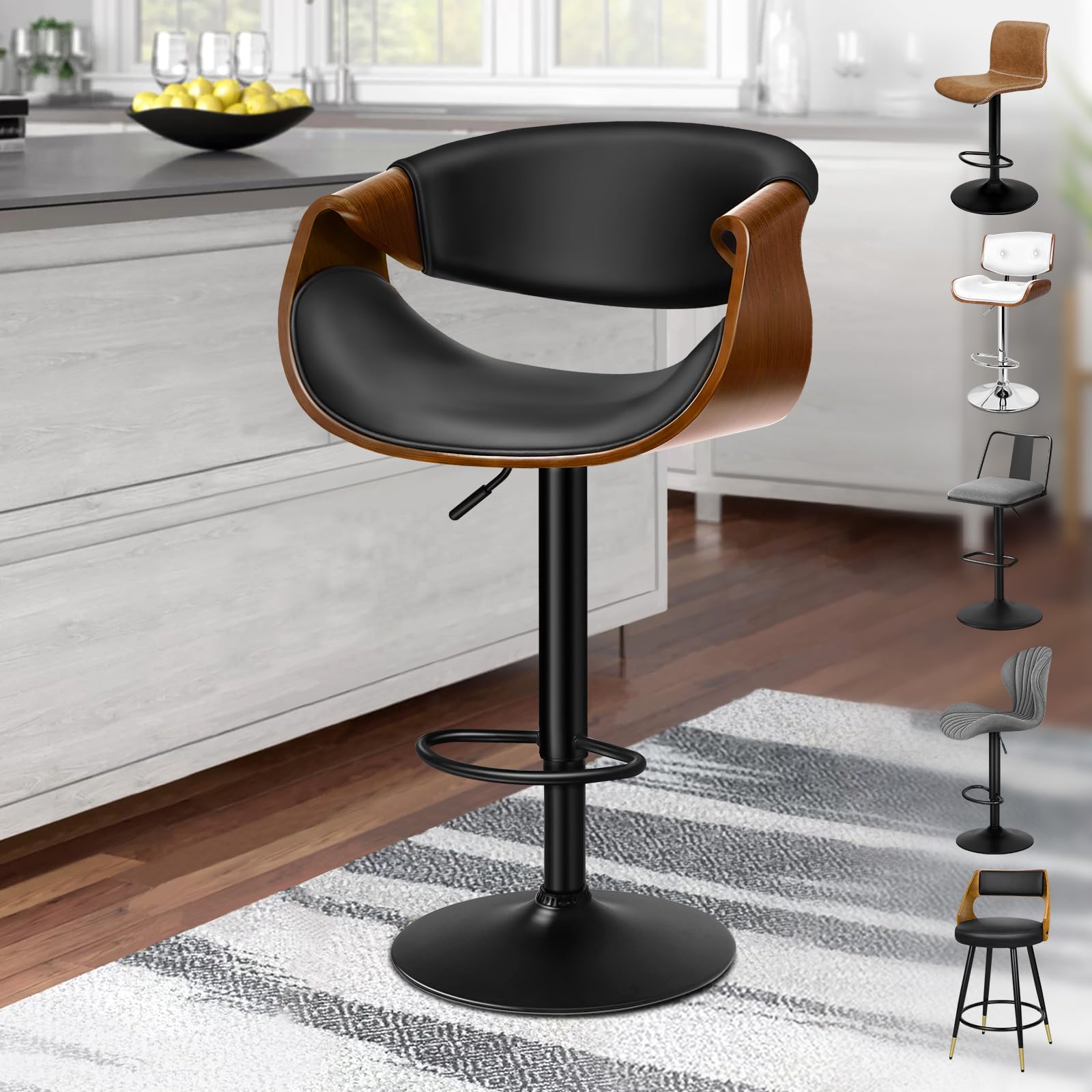 ALFORDSON Bar Stool with Wooden Backrest Swivel 150kg Load Capacity Black Faux Leather