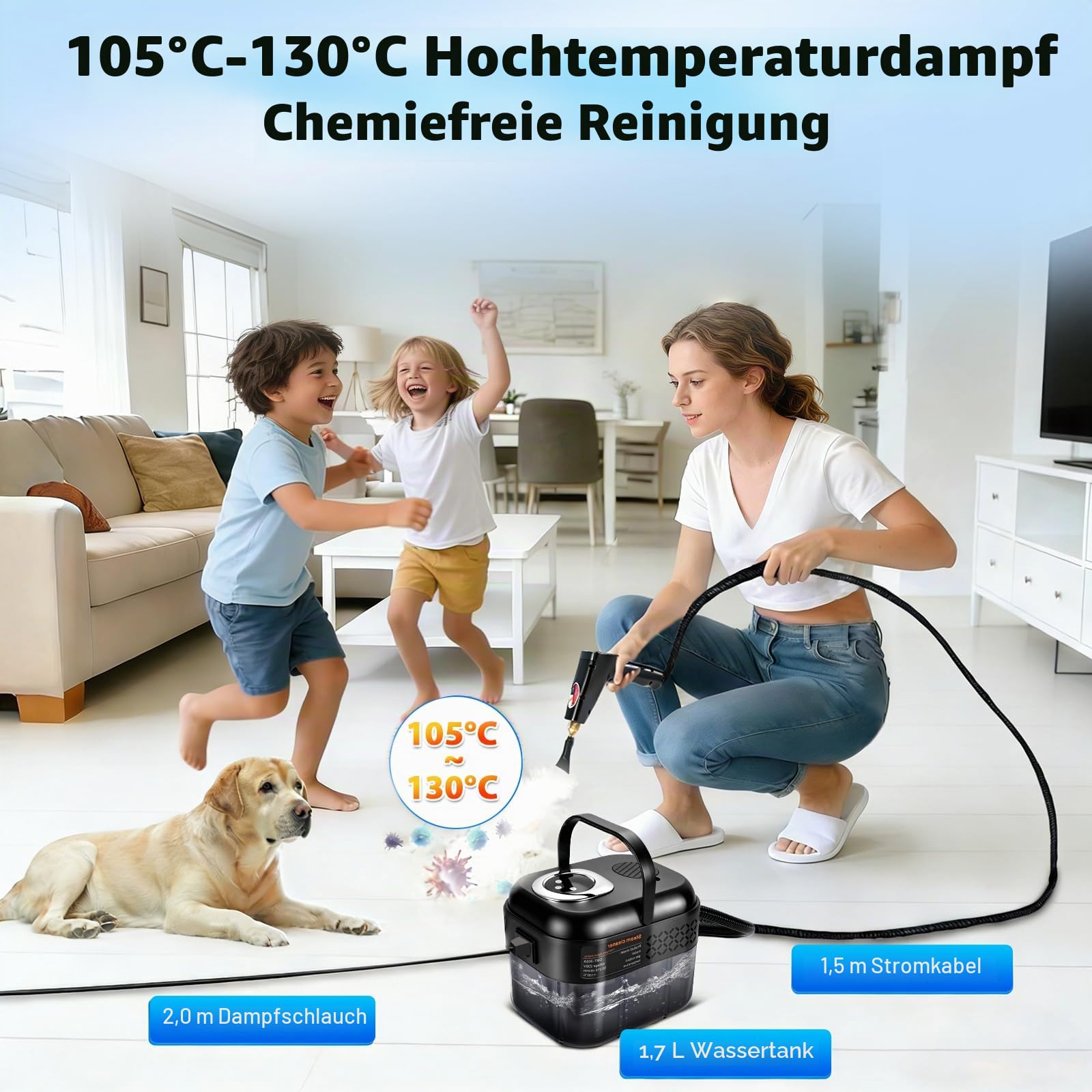 RUIZHI 6-Stufig Dampfreiniger Handgerät mit 12 Zubehör, Steam Cleaner Handheld 1700ML Tank, 1500W Mehrzweck, Dampfdruck 3.5Bar, Aufheizzeit 15s, Dampfreiniger für Alles Boden Auto Fenster Polstermöbel