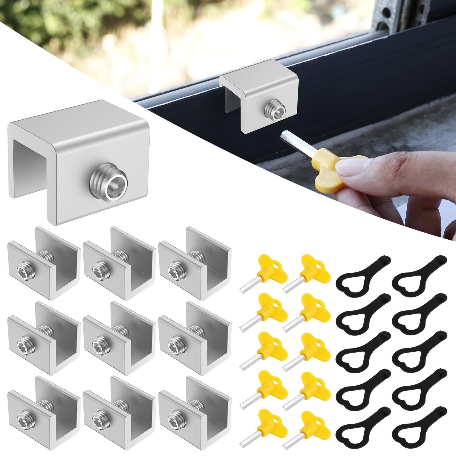 Shaojian Silver Window Locks, 10 Pack Sliding Window Stopper With Key For Vertical & Horizontal Sliding Windows Doors, Window Locking Limiters Easy To Operate Window Opening Restrictors For Patio Home Office
