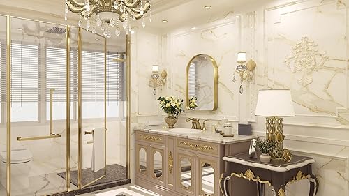 Miniatura 276 de TETOTE Espejo con marco dorado cepillado de 48 x 24 pulgadas, espejo de tocador de baño de latón para pared, moderno espejo rectangular de esquina