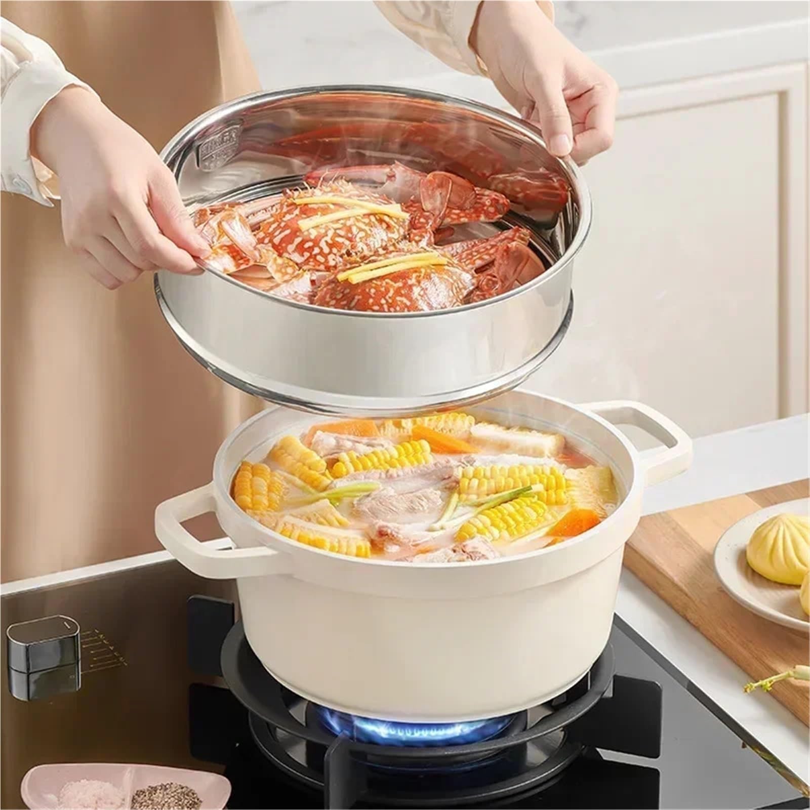 Casseruola in Ceramica Smaltata, pentola con Coperchio, casseruola Antiaderente, per Raccogliere energia e conservare Il Calore (Colore Bianco, 20 cm)