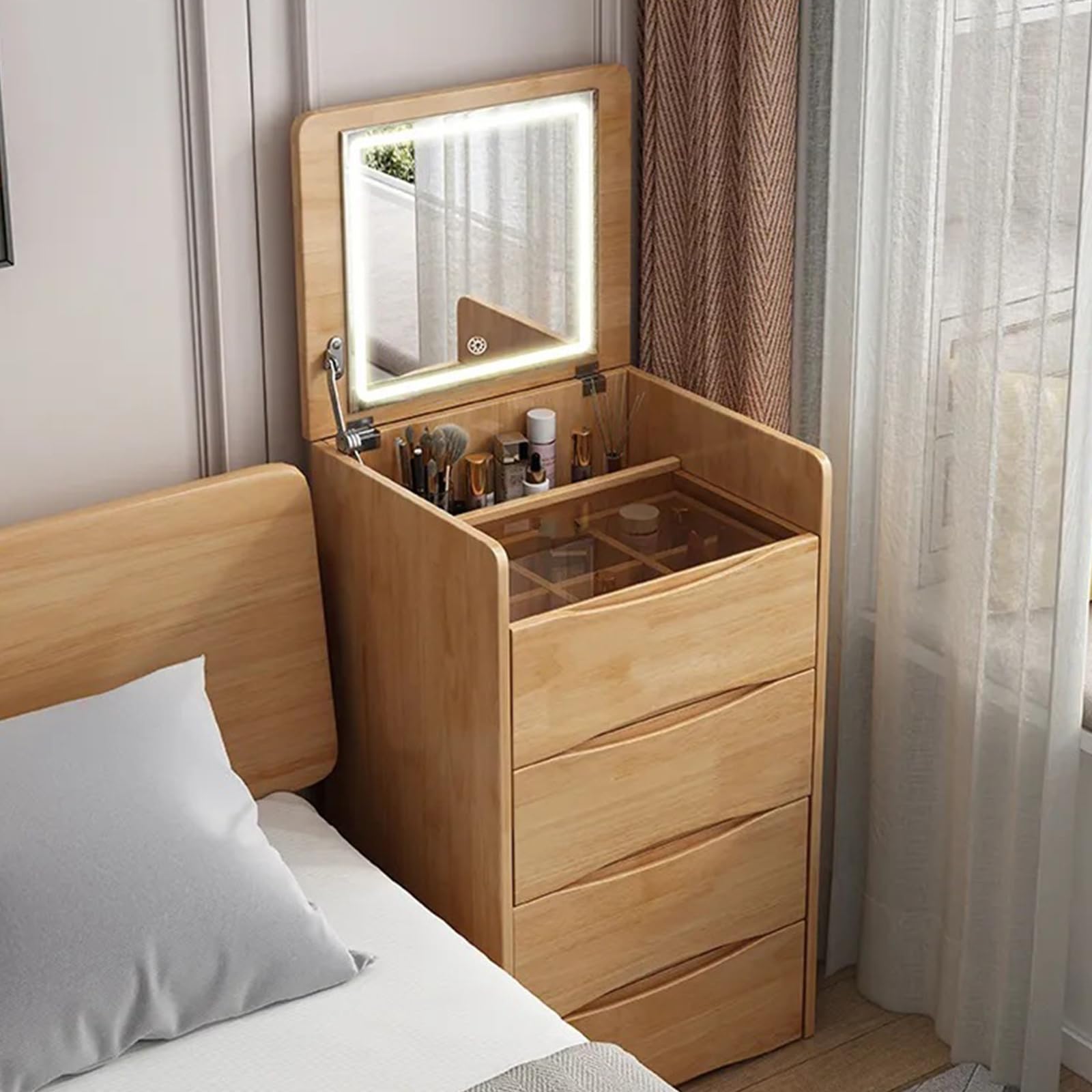 Schminktisch, Holztisch mit Klappspiegel, Schminkhocker mit Ablage, Ankleideset mit 3 Schubladen, LED-Beleuchtung, Schreibtisch und Nachttisch für Schlafzimmer und Wohnzimmer
