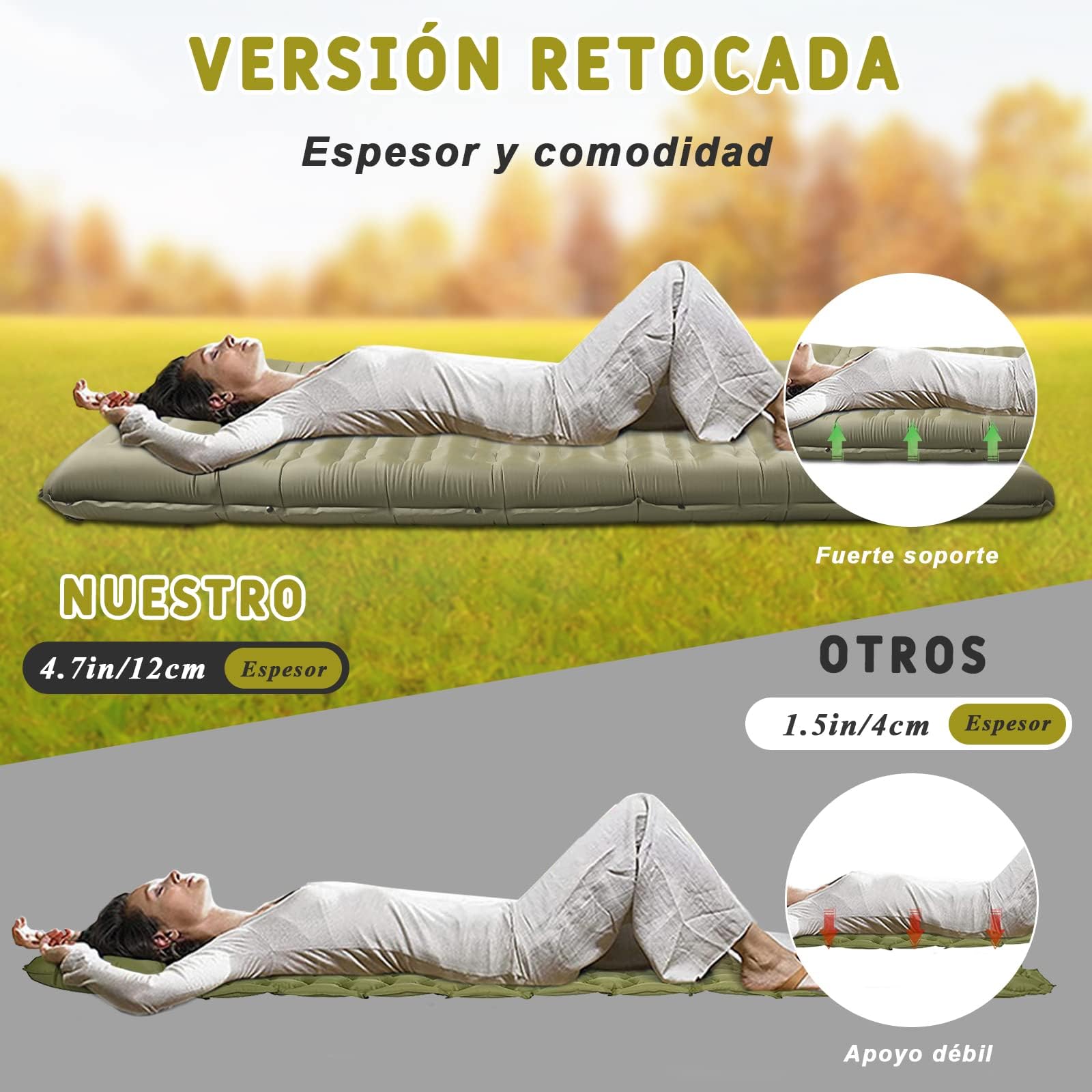 IEEILULU Esterilla Camping Autoinflable, Colchoneta de Camping con Almohada, Impermeable, Ligera, Colchoneta de Dormir, Colchoneta Inflable para Acampar, Senderismo, Pesca y Viajes (Verde Oscuro)