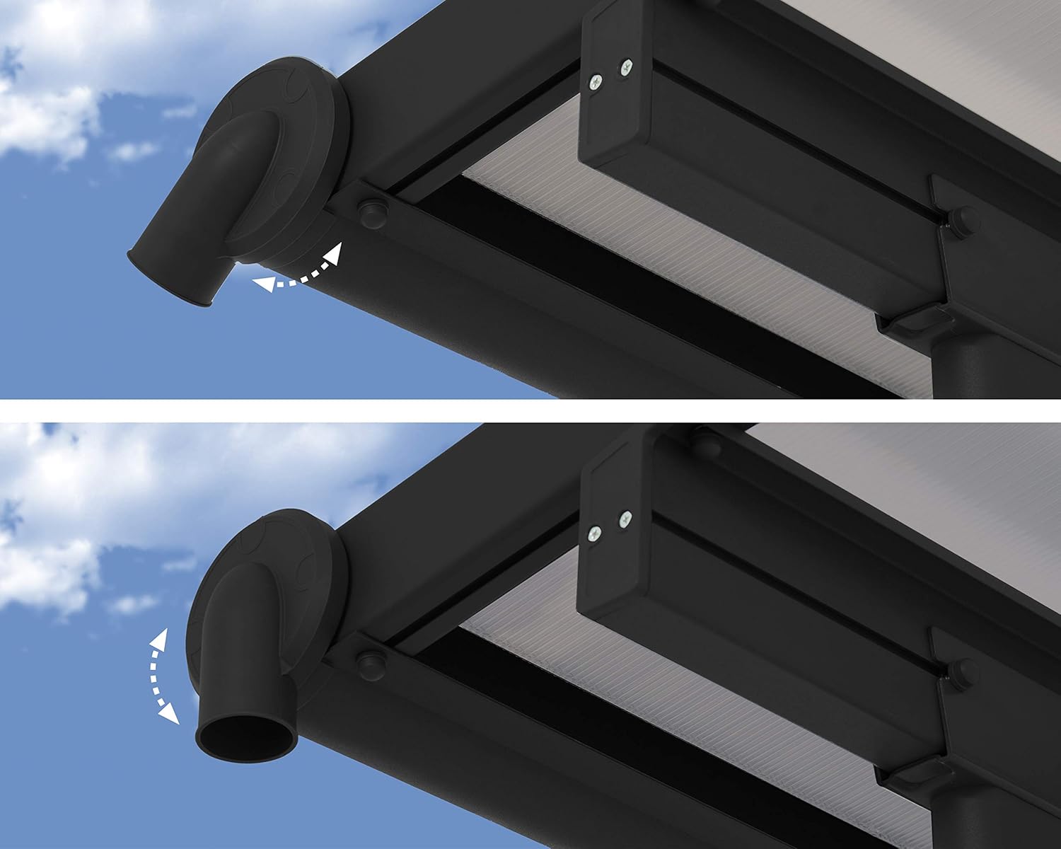 Two images showing the adjustable gutter downspout, one pointing down, one angled