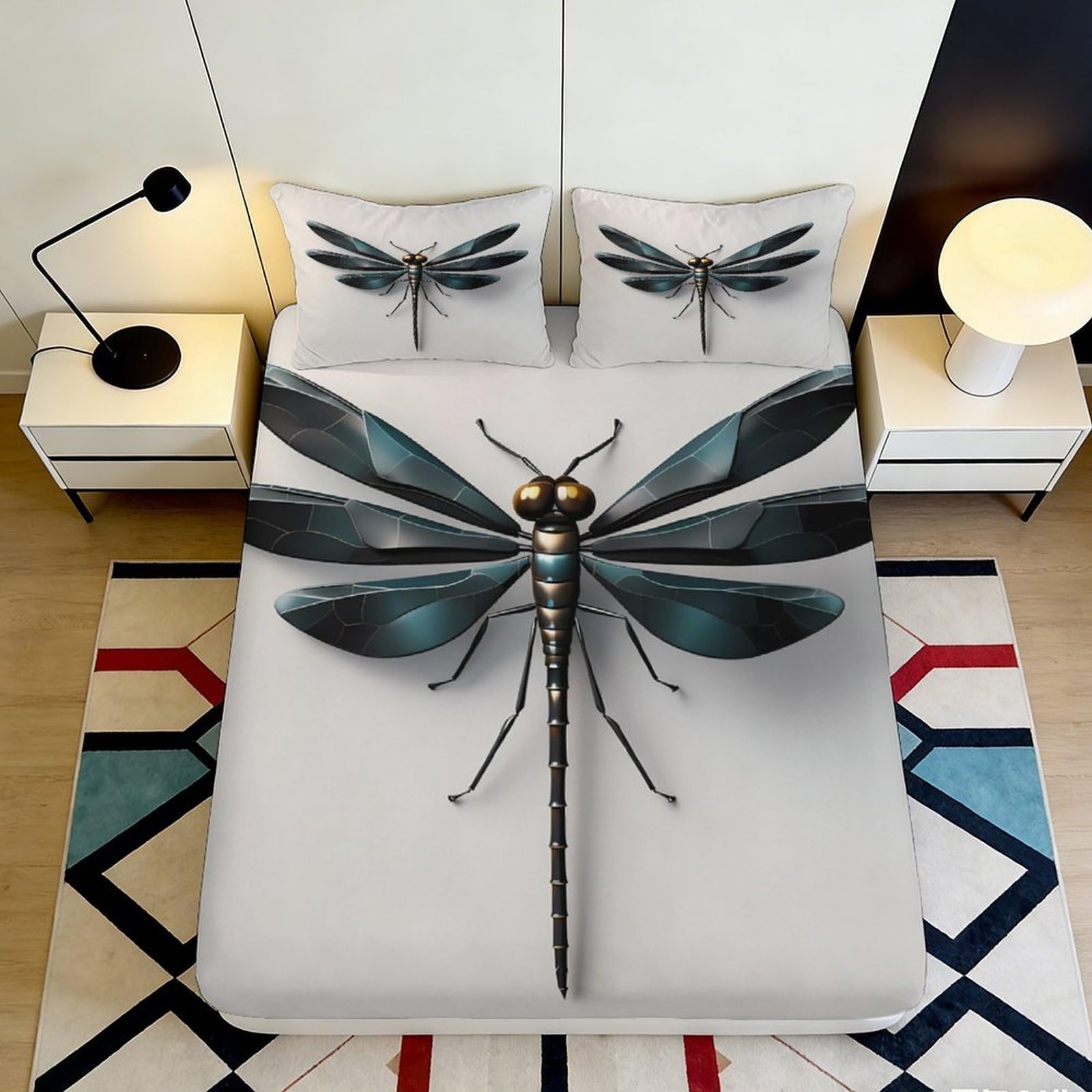 3D Printed Dragonfly Fitted Sheet Microfiber Soft Breathable Insect Pattern Bed Cover for Bedroom Dormitory Guest Room Mattress Protection Decor 120x200x25cm