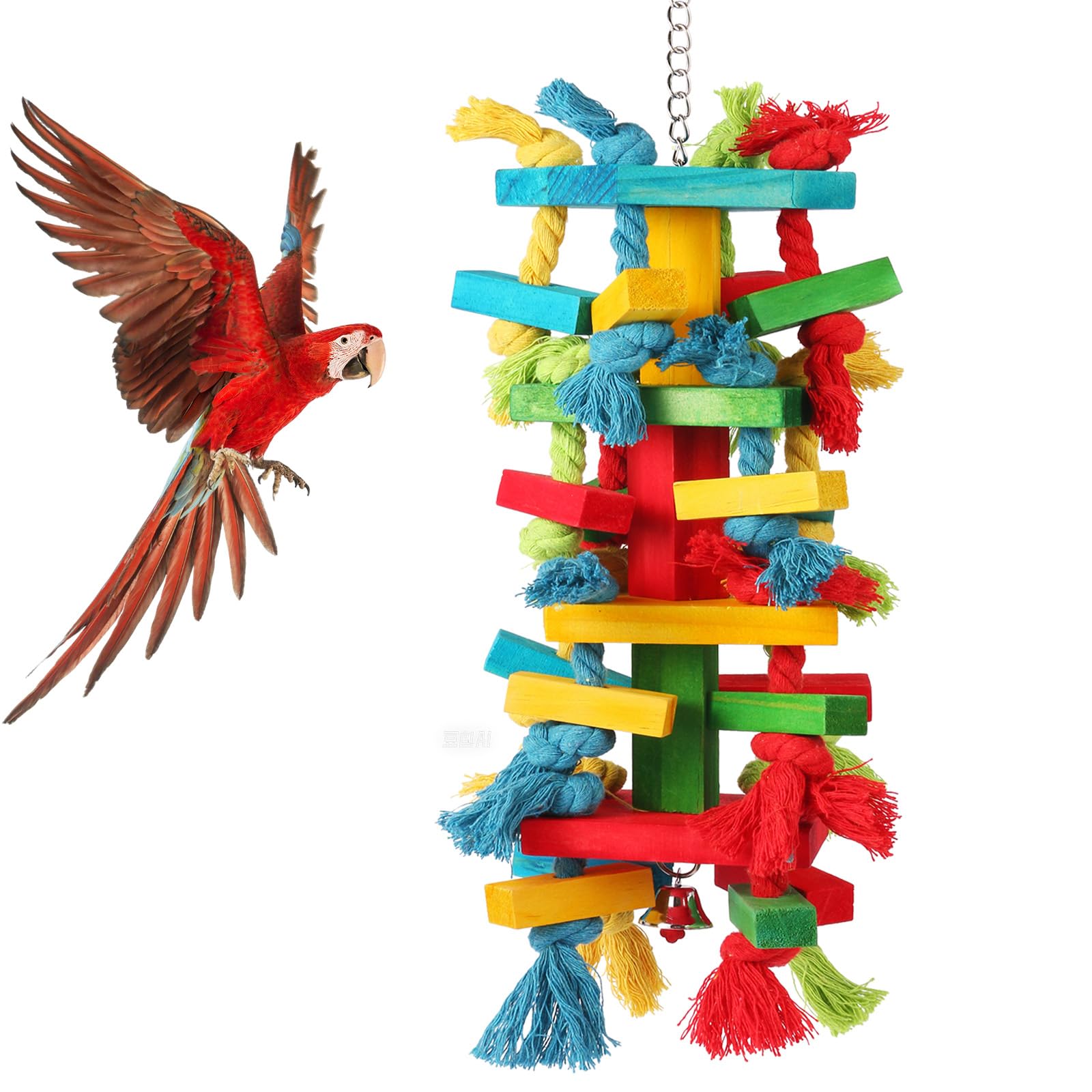 Bird Toys for Large Parrots Natural Wood Block Chewing Toy for Macaws, Cockatoos, African Greys Parrot Cage Hanging Bite Toy for Beak Exercise and Entertainment