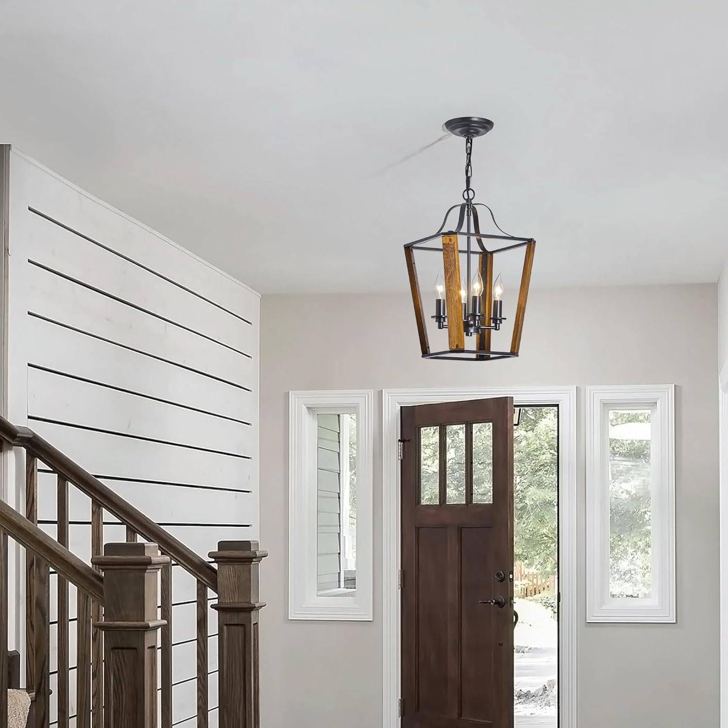 4-Light Lantern Farmhouse Chandelier, Metal Hanging Light Fixture with Wooden Grain Finish, Retro Chandelier for Kitchen Island Dining Room Table
