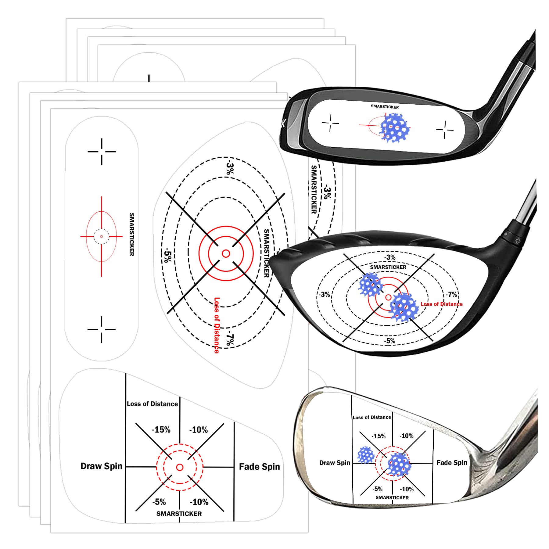 SMARSTICKER Golf Driver Blue Impact Tape Set Labels Standard Self-Teaching Sweet Spot Target Sticker Training Aids Tape Wood Iron Ball Hitting Recorder for Swing Practice (150)
