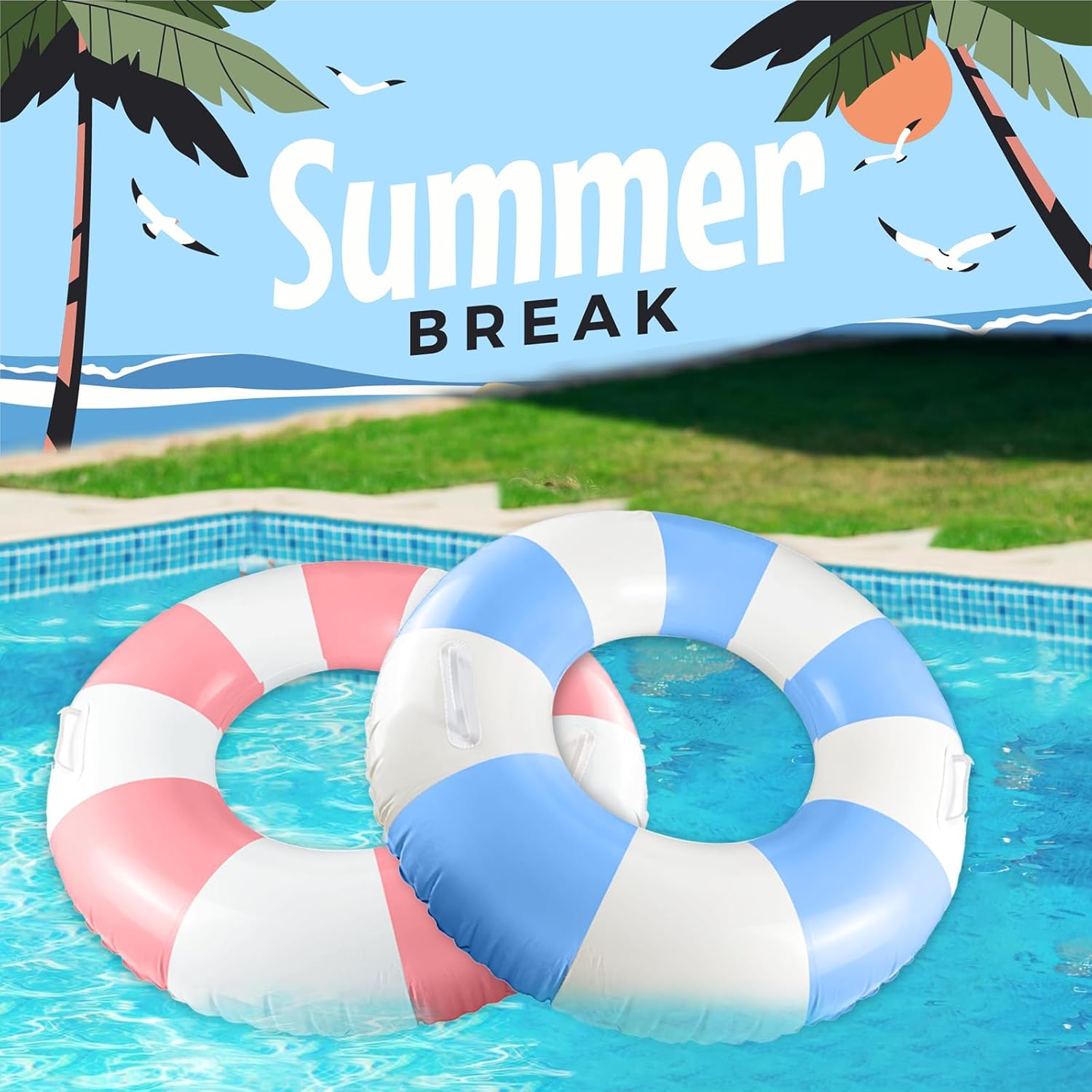 Classic Striped Pool Floats with Handle Inflatable Blue & White Stripes Tubes for Floating Large Swim Rings for Adult Summer Holiday Beach Bachelorette Party