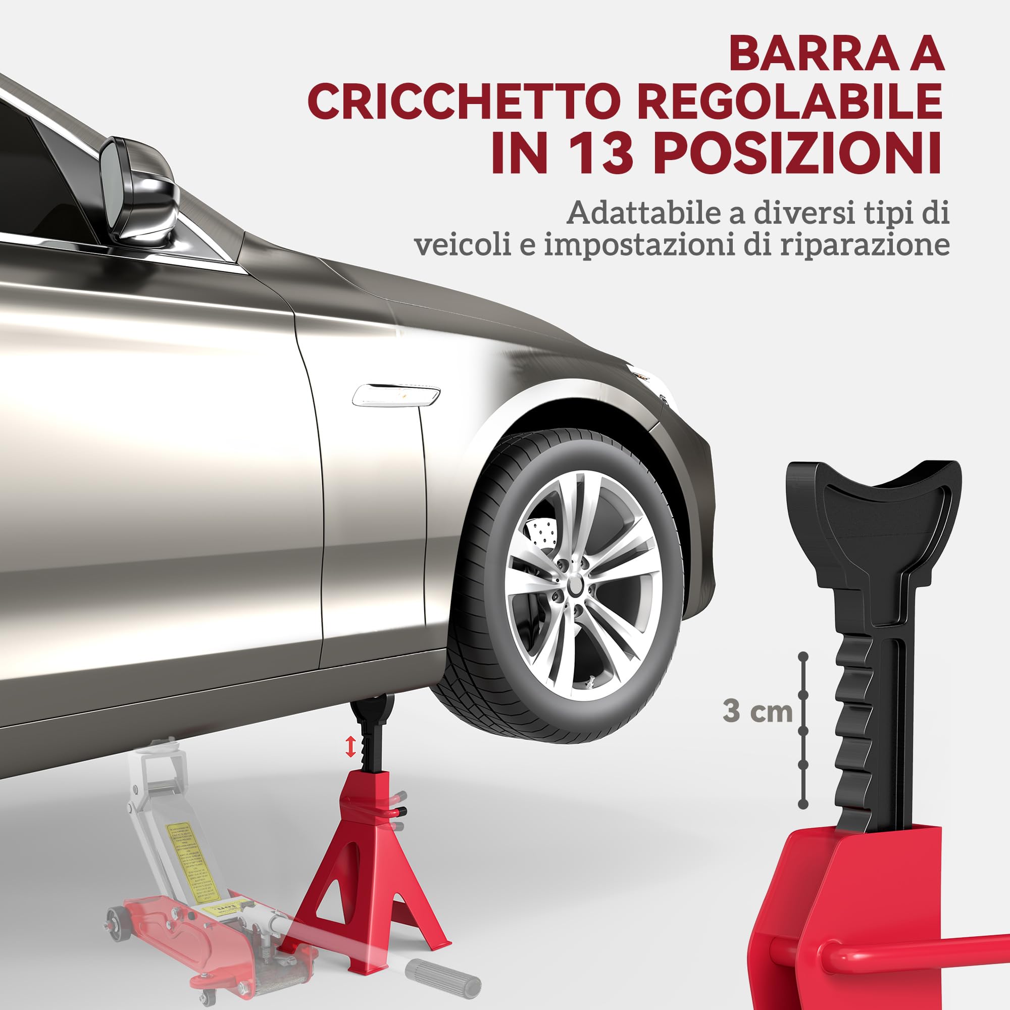 HOMCOM Set di 2 Cavalletti per Auto 6 T Totale, Coppia di Cavalletti di Sostegno con Altezza di Sollevamento Regolabile da 38.5-60 cm, in Acciaio al Carbonio e Ghisa, Rosso e Nero