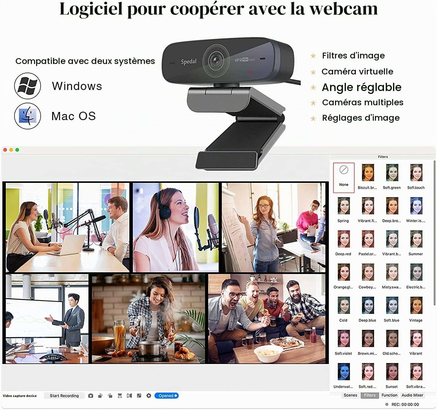 Spedal Webcam 1080P 60fps, Double Microphones Stéréo, Autofocus Live Streaming Caméra Web pour Skype Facebook OBS XSplit, Webcam Compatible avec Linux Mac OS Windows 10/8/7