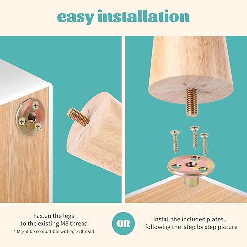 Miniatura 4 de Txcucc Juego de 4 patas redondas de madera maciza de 2 pulgadas para muebles, sofá cama, silla de café, escritorio, patas rectas con pernos