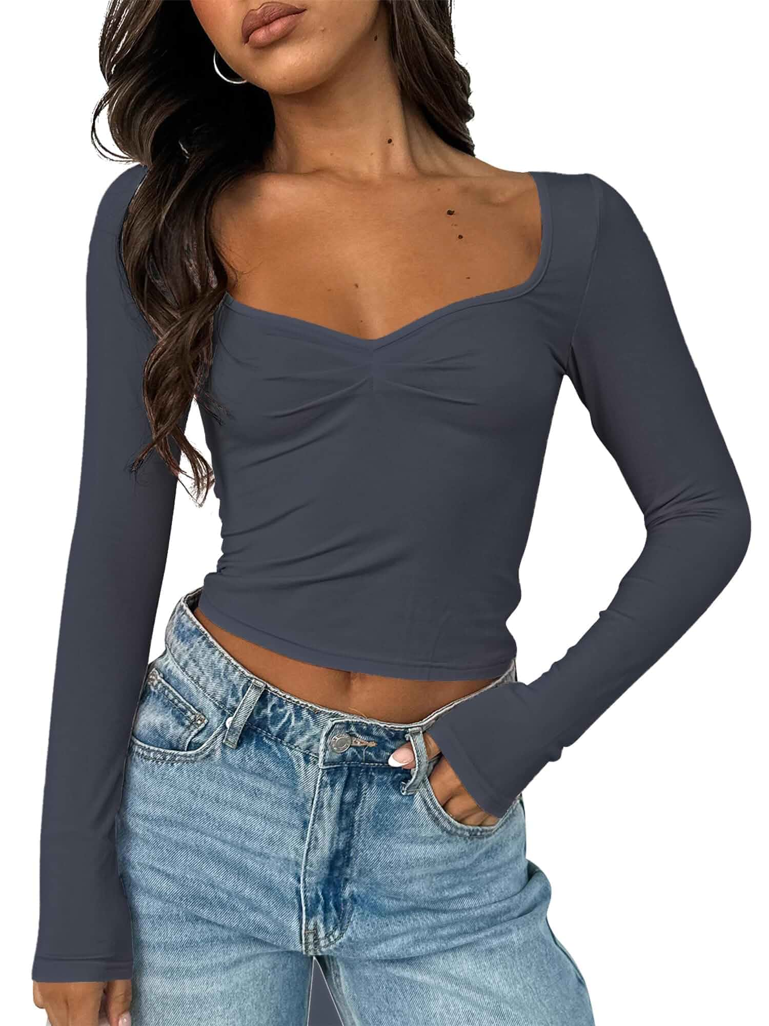 ForeFair Women's Sexy Long Sleeve Going Out Tops Pleated Bustier Shirt Cute Sweetheart Neck Y2K Cropped Top Solid · Regular Fit