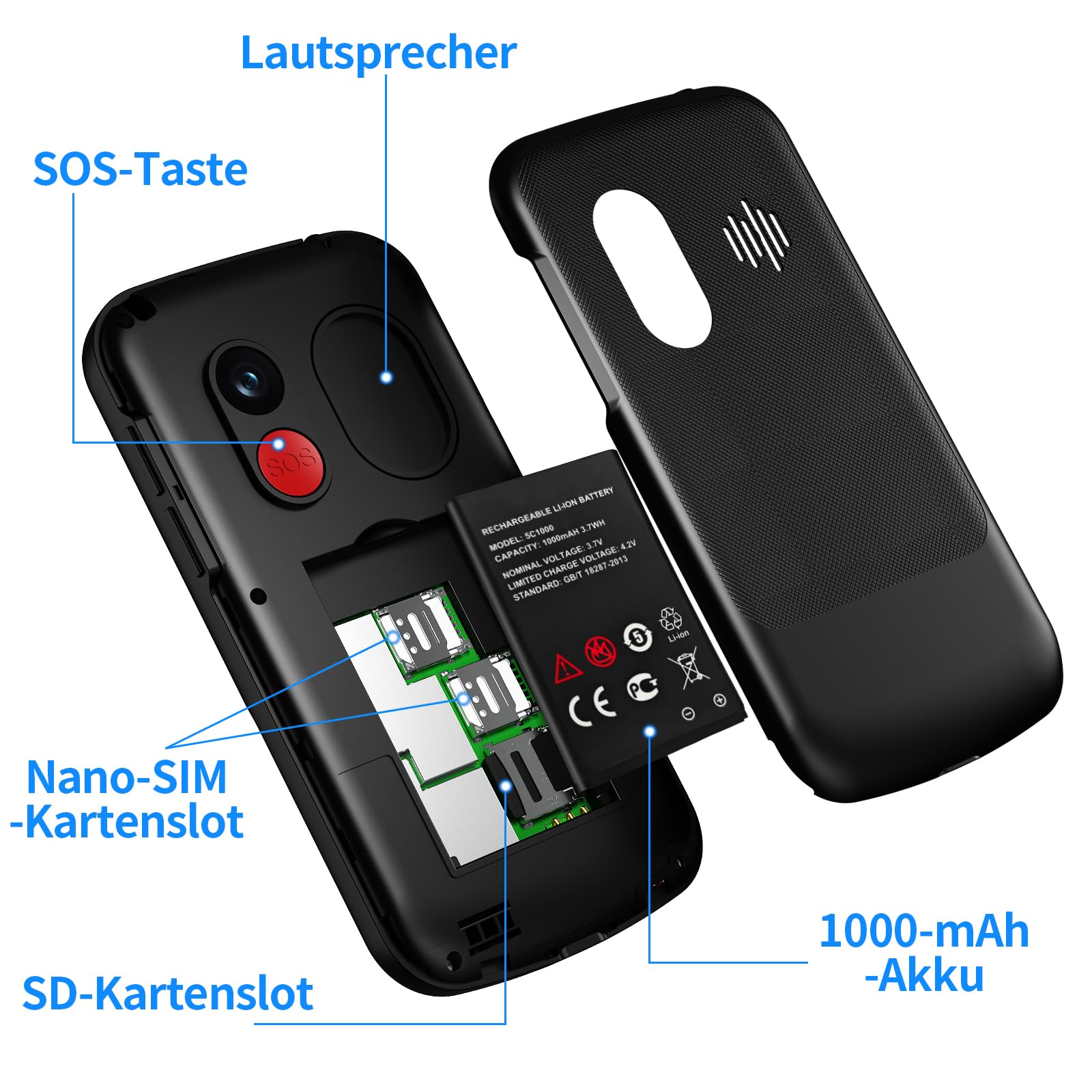 4G Seniorenhandy Ohne Vertrag mit Groüe Tasten | Großes 2,4-Zoll-IPS-Display | Dual Nano SIM Senioren Rentner Handy mit Notruftaste | Typ-C-Kabel | Hörgeräte Kompatibel | Tastenhandy mit Ladestation