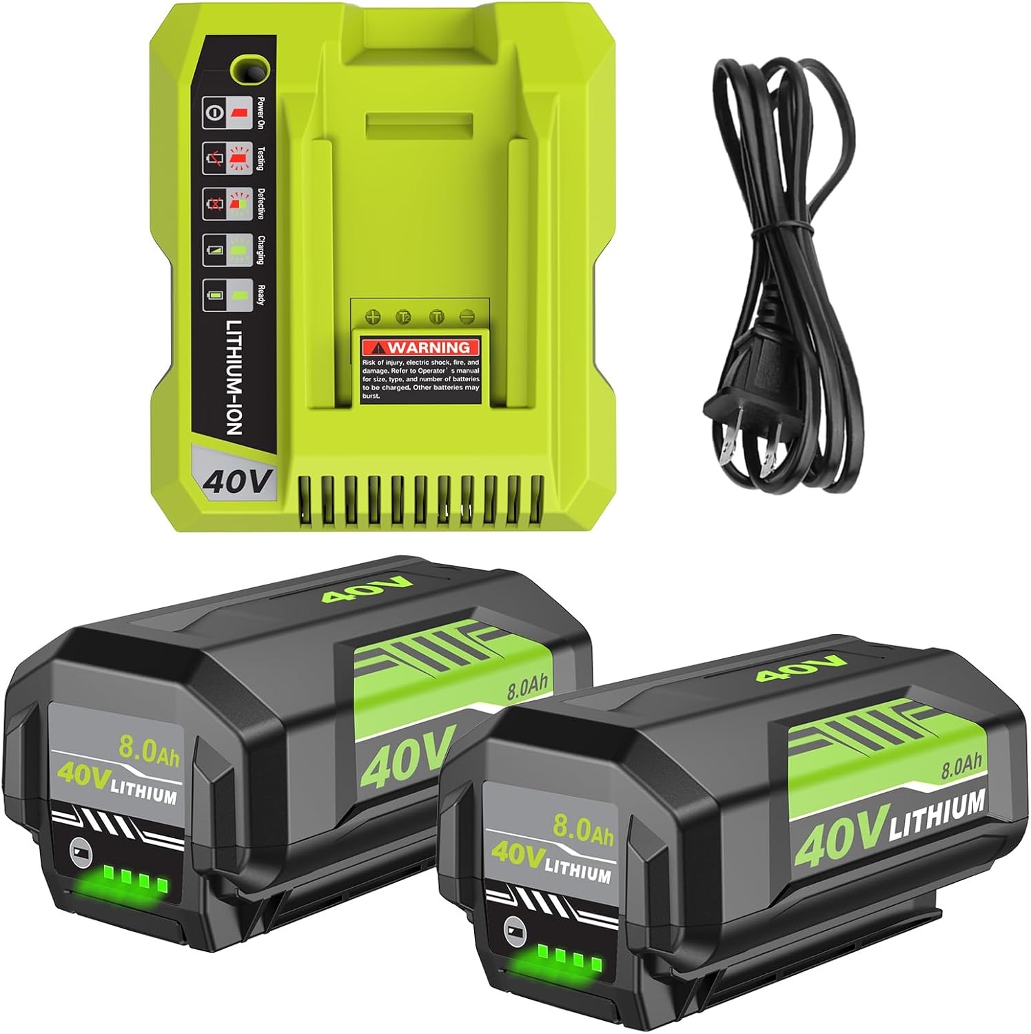 2Pack 8.0Ah Replacement for Ryobi 40V Battery Lithium Ion and OP401 Charger Compatible with Ryobi 40 Volt Battery OP4026 OP4050A OP4040 OP4030 OP4050 Replacement for 40v OP401 Charger (Green-3P)