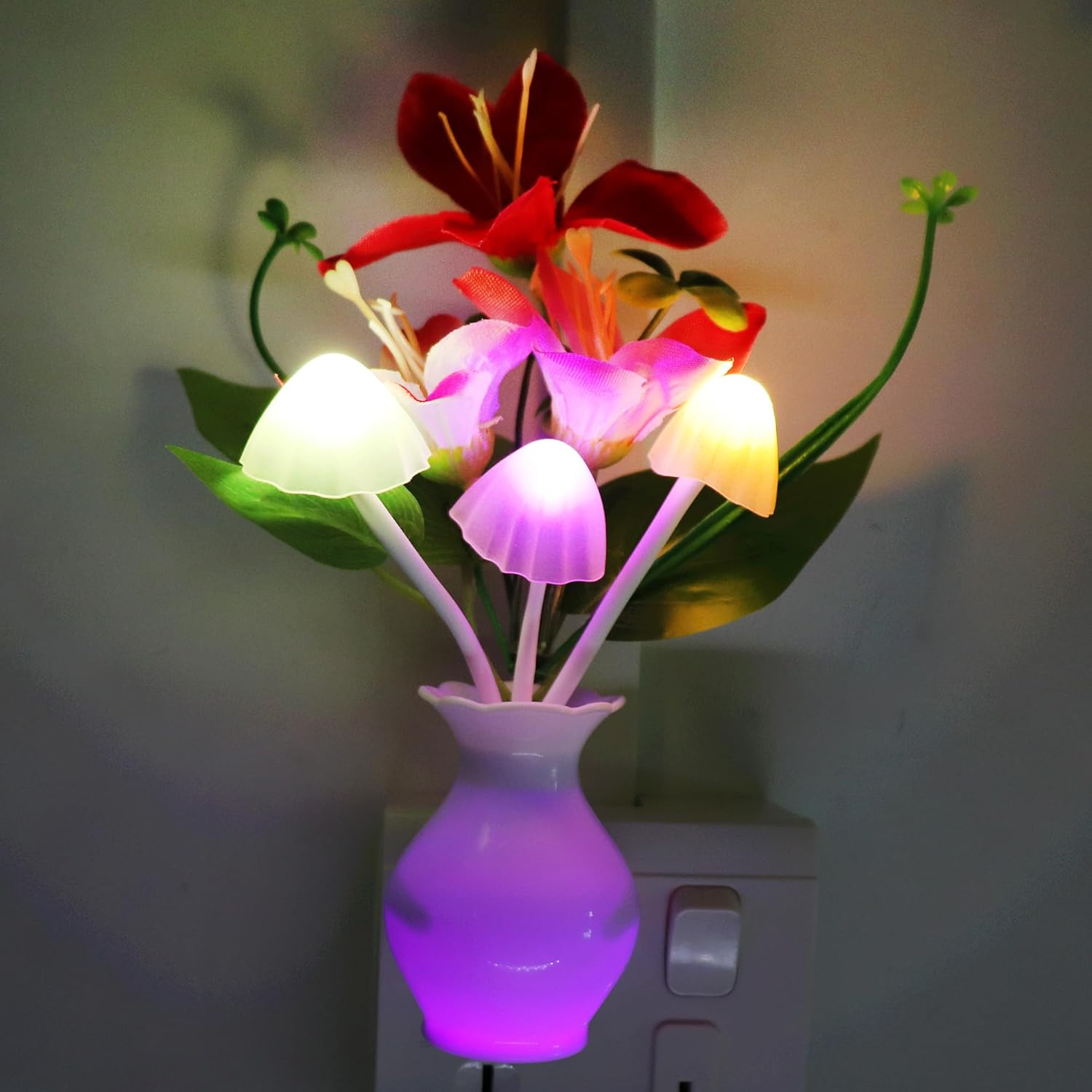 AUSAYE 2 PCS Plug-in Night Light with Auto Light Sensor,RGB LED Mushroom Night Light Wall Red Lily Flower Lamp Energy Efficient Light for Adults Kids Nursery Room,Bedroom,Lounge,Hallway,Stairs