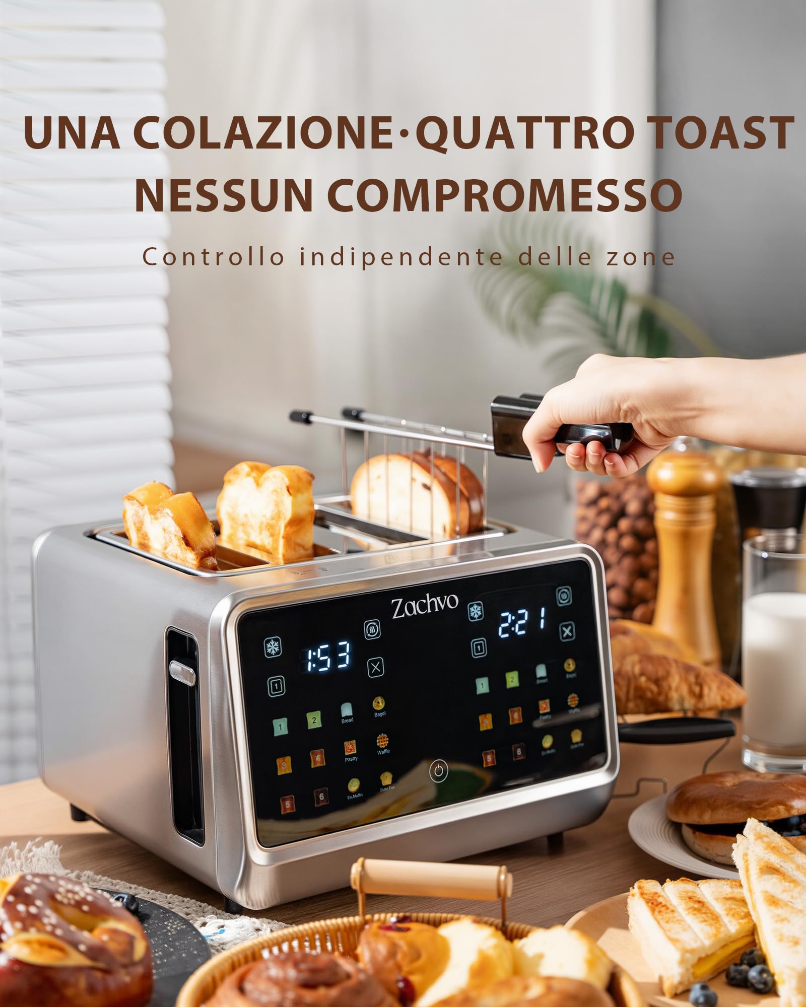 Tostapane 4 fette con touchscreen e timer conto alla rovescia – tostapane lungo in acciaio inox con 2 zone di temperatura indipendenti, fessure extra larghe da 3,7 cm, 6 programmi