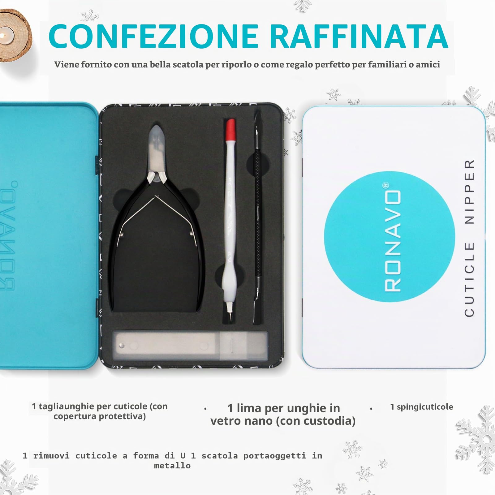 RONAVO Cuticola e Ricrescita Cuticole,4 in 1 Strumenti per Pedicure Manicure,con Forbicine per cuticole,Pelle Morta Remover Forchette, Spingi Cuticole a Doppia Testa,Nano Buffer Per Unghie in Vetro
