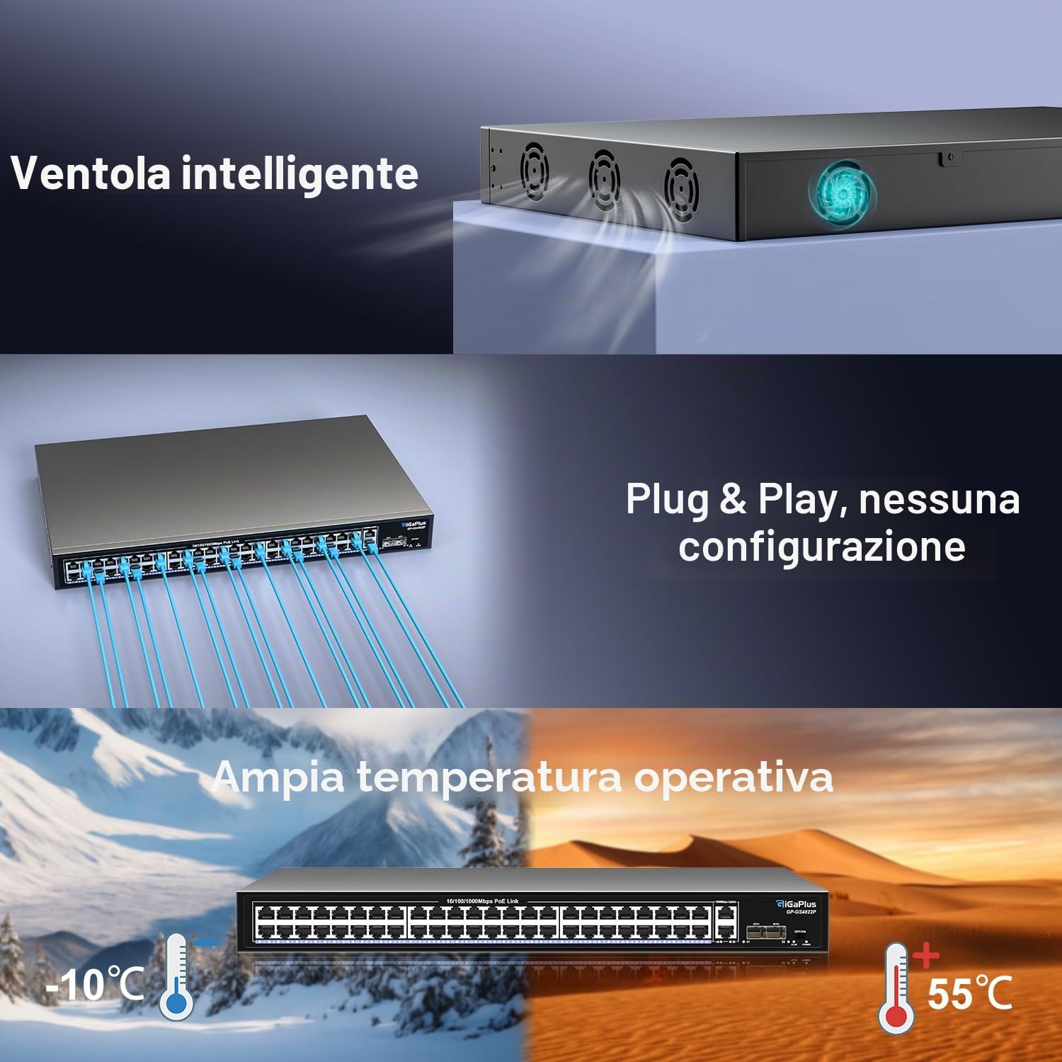 48 Port Gigabit PoE Switch with 2x1000Mbps Uplink, 2x1000Mbps SFP, GiGaPlus 48 Port IEEE802.3af/at PoE @700W, Support VLAN, Metal Housing, Desktop or Wall-Mount, Plug & Play