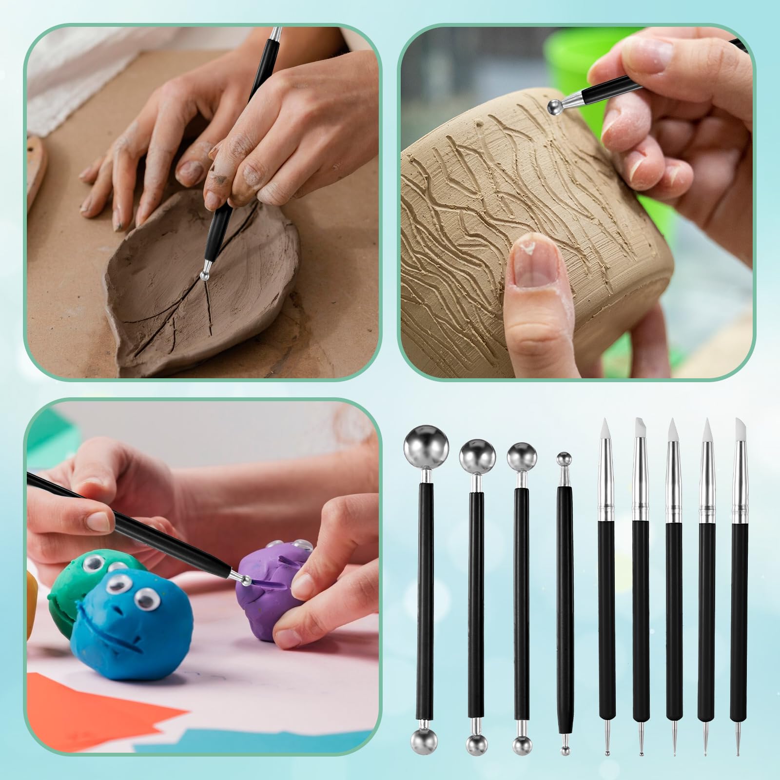 9 Outils De Sculpture Argile - Pointe Métal Et Boule Silicone Pour Poterie - 4
