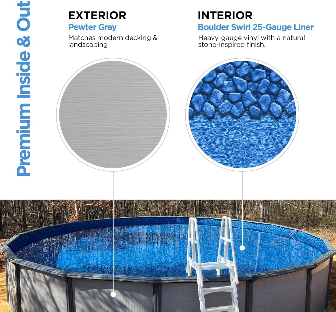 AquaDoc Coventry Round Steel Wall Above Ground Pool Kit 21' x 52" in Pewter Gray Finish with Sand Filter, Ladder, Skimmer, 25 Gauge Liner, Floor Pad and Cove Elite Package - Made in North America