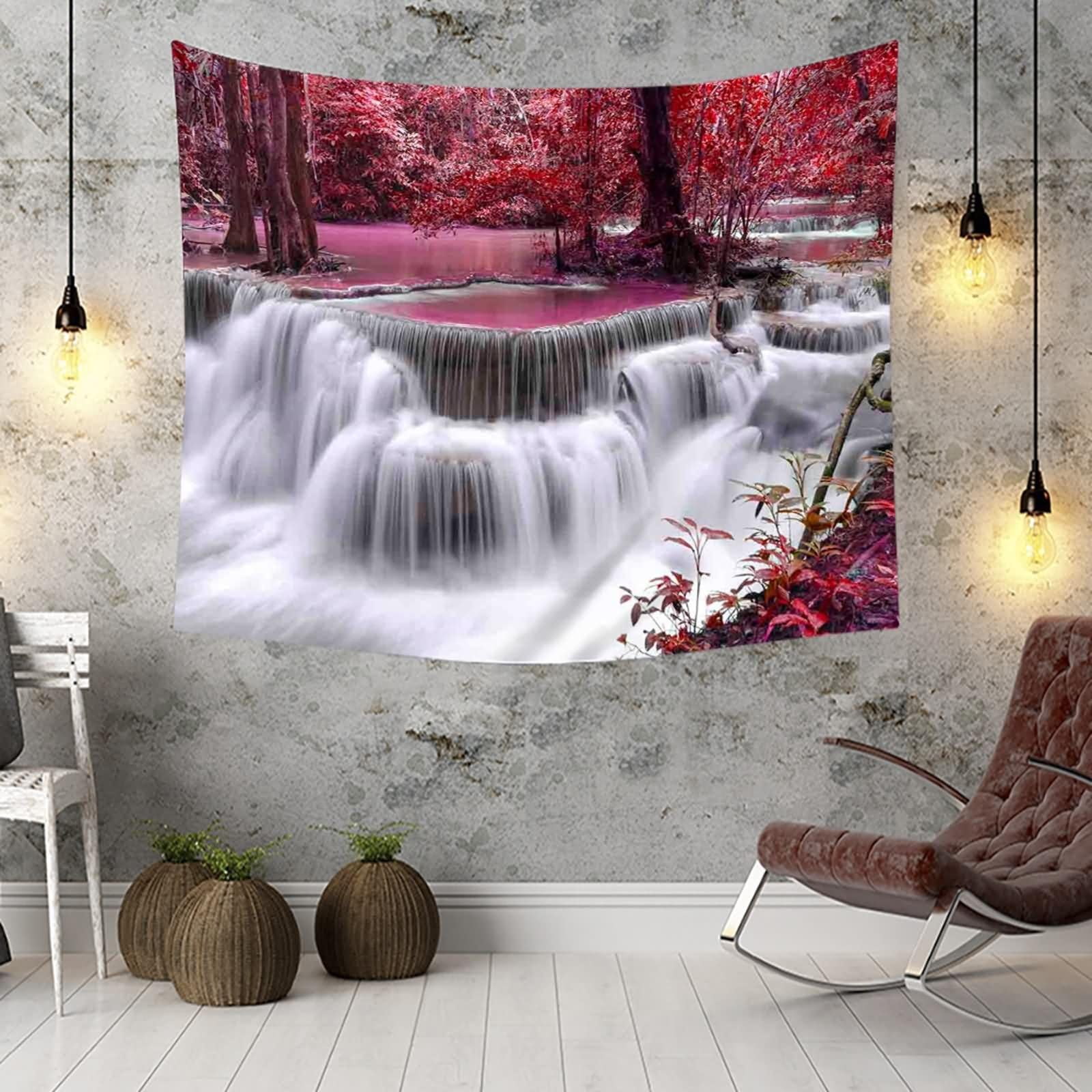 Homxi Wandteppich Landschaft 260 x 240 CM,Wasserfall Waldlandschaft Tapestry Wandbehänge Polyester Rot Grau Weiß