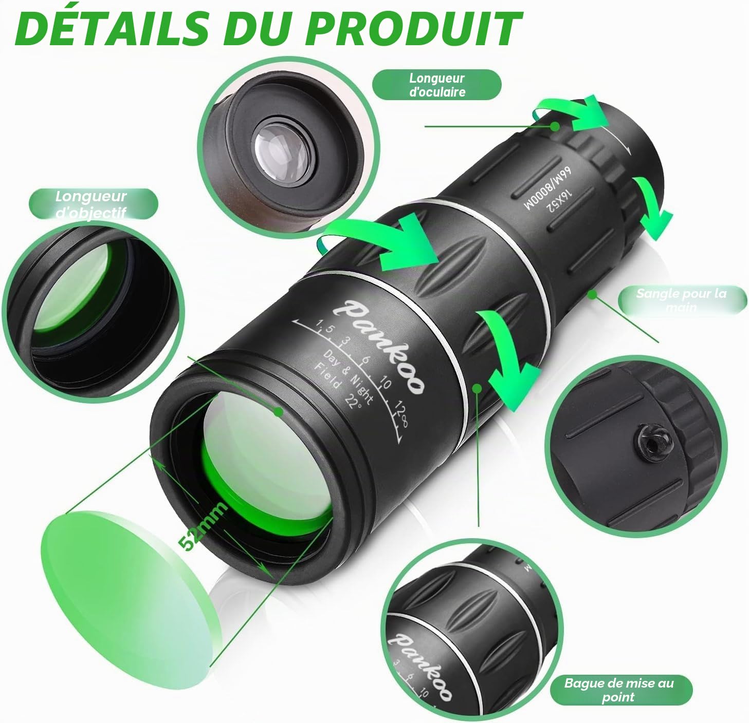 Pankoo Télescope Monoculaire 16 x 52 pour Adultes et Enfants - Prisme de Puissance 2024, Compact HD pour Cadeaux, Activités de Plein Air, Observation des Oiseaux