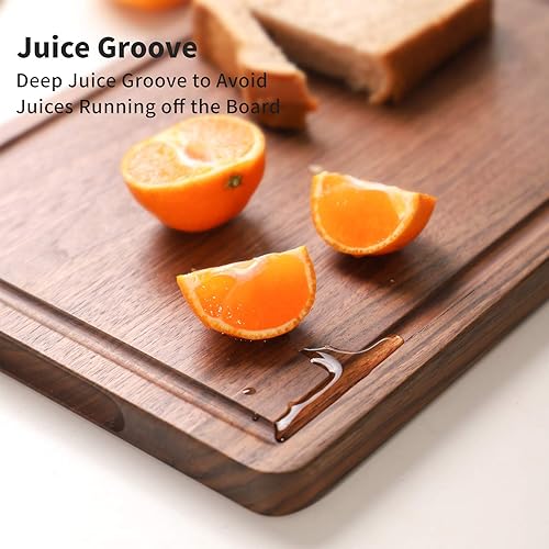 Miniatura 4 de Muso Wood Tabla de cortar de nogal para cocina, tabla de cortar de madera con ranura para jugo y mango lateral, tabla de madera para alimentos y