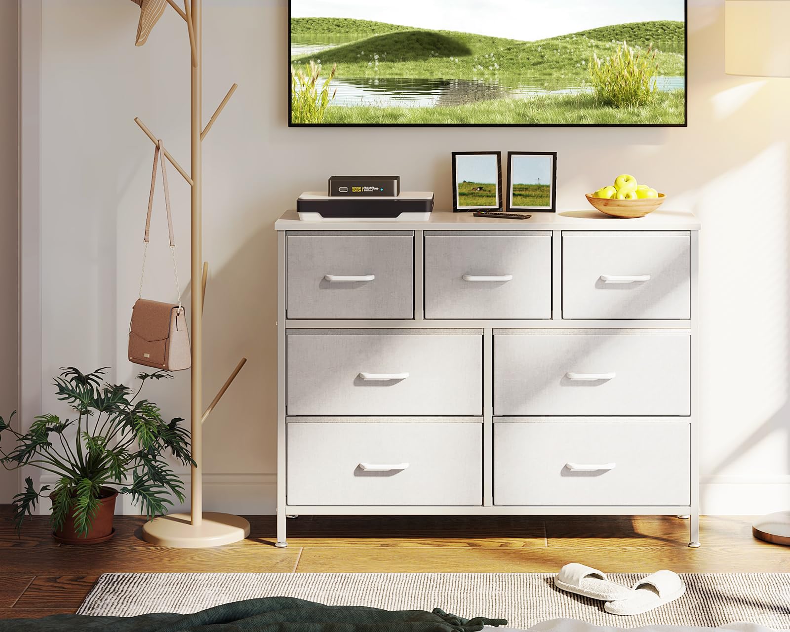 Coleshome Cassettiera Camera da Letto con 7 Cassetti in Tessuto, Realizzata con una Robusta Struttura in Acciaio e Gambe Regolabili. Adatta per Camera da Letto e Soggiorno, 100 x 30 x 77 cm, Bianco