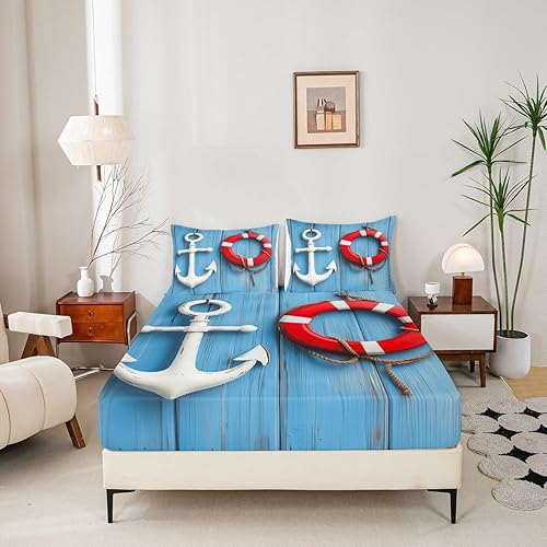 Miniatura 3 de Erosebridal Sábana bajera náutica costera tamaño Queen, ropa de cama de playa de verano, estilo clásico, funda de cama oceánica, 3 piezas con 2
