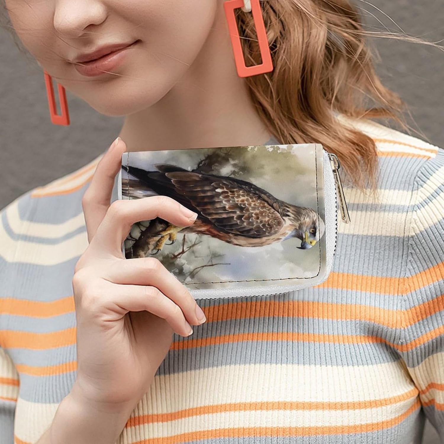 Leather Card Organizer Case Card Wallet Credit Card Holder Hawk Sitting In The Tree Printed Zipper Card Cases Holder for Women Men