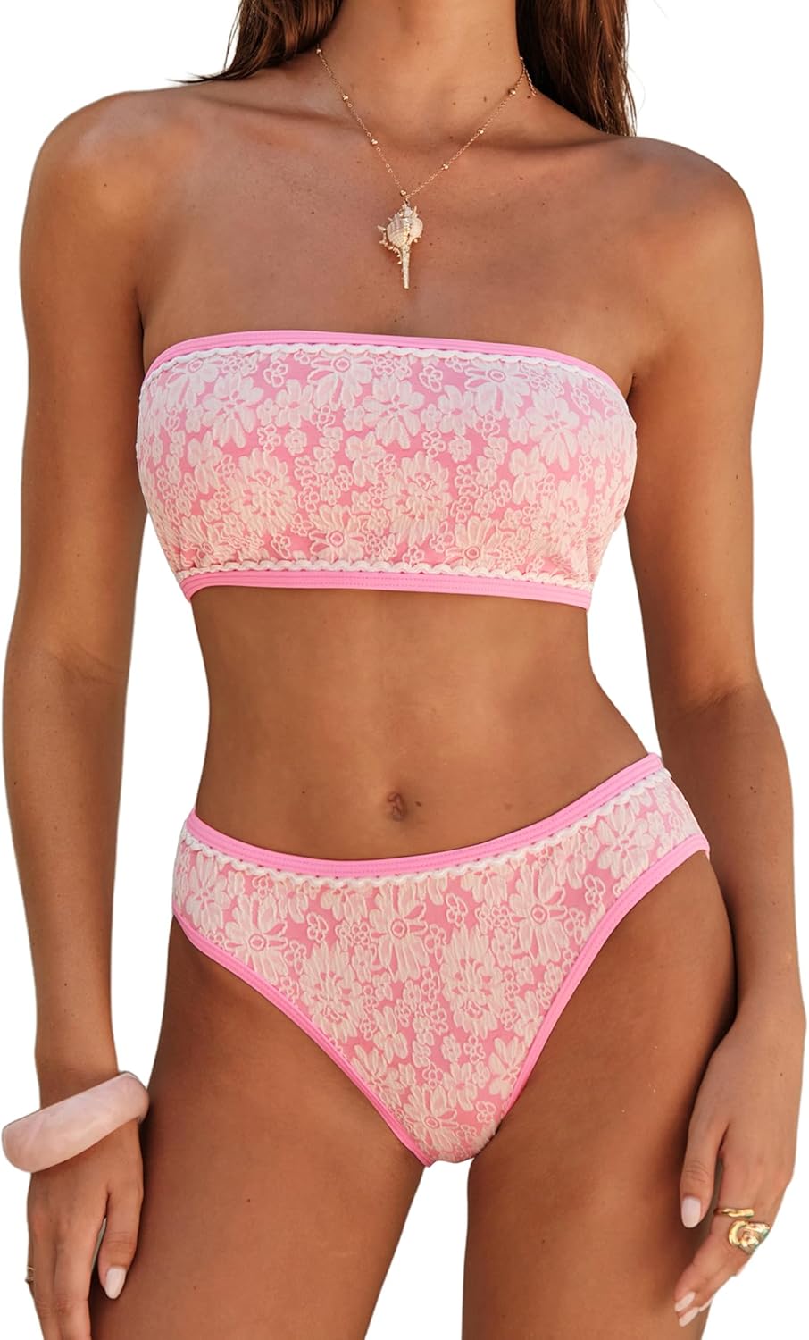 ZAFUL Bikini Set for Women Strapless Textured Bandeau Bikini Two Piece Swimsuit Lace up Bathing Suits