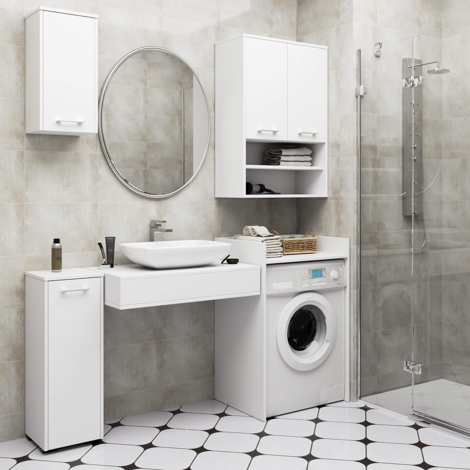 AKORD | Armoire pour Machine à Laver | 64 x 98 x 50 cm | Meuble de Salle de Bain | Étagère pour Machine à Laver | Blanc & Blanc
