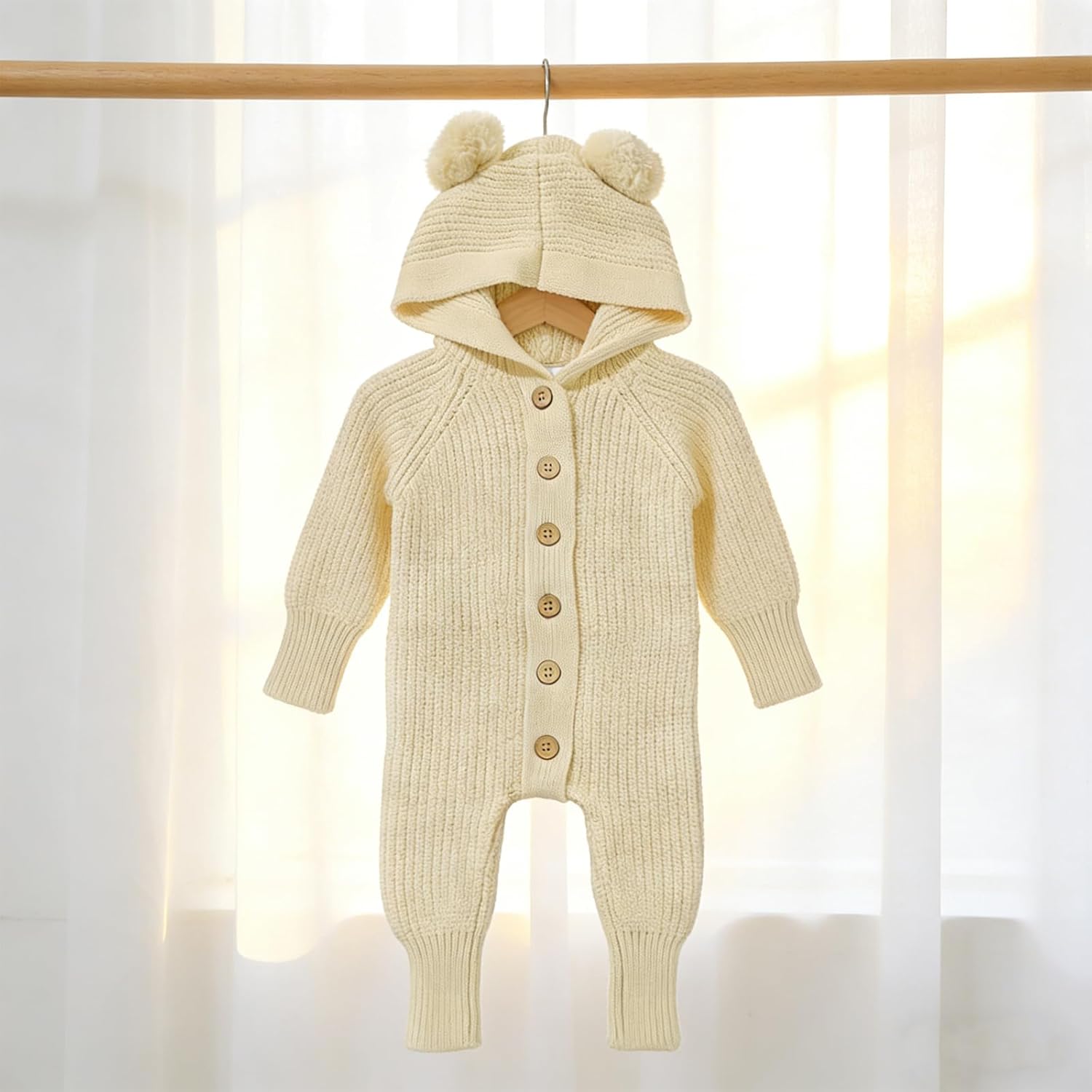 Newborn Baby Knitted 100% Cotton Romper Sweater Jumpsuit with Pom Pom Ears, Long Sleeve Outfit