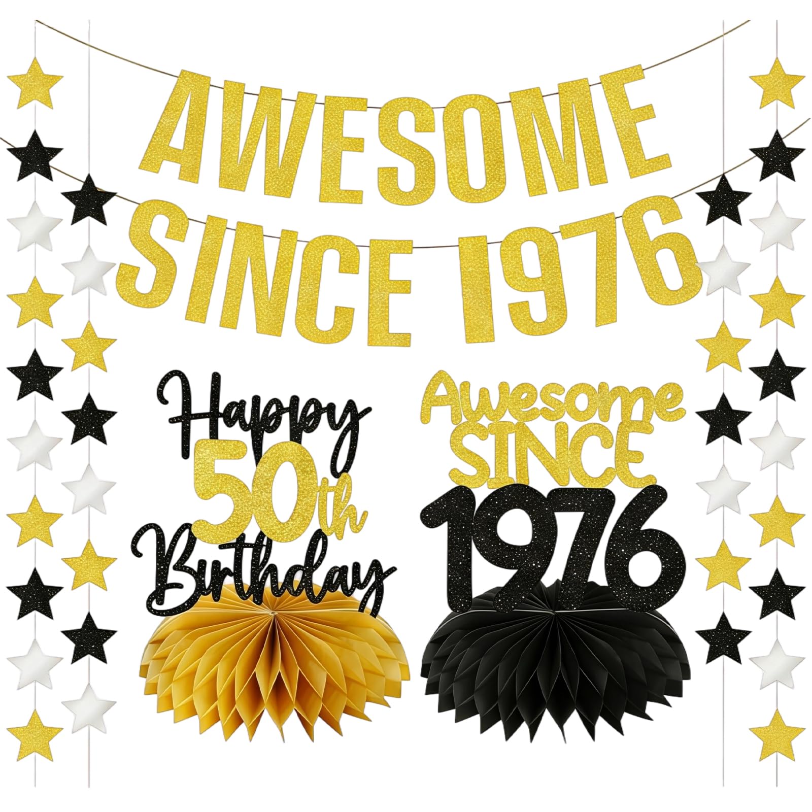 50th Birthday Decorations for Men Women, Awesome Since 1976 Gold Banner, Star Garland, Happy 50th Birthday Table Honeycomb Centrepieces, Vintage Black Gold 50th Party Supplies