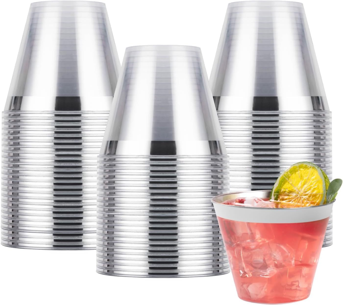 50PCS 9oz Plastic Cups for Party, Disposable Silver Plastic Cups, Cocktail Glasses for Wedding Thanksgiving, Christmas