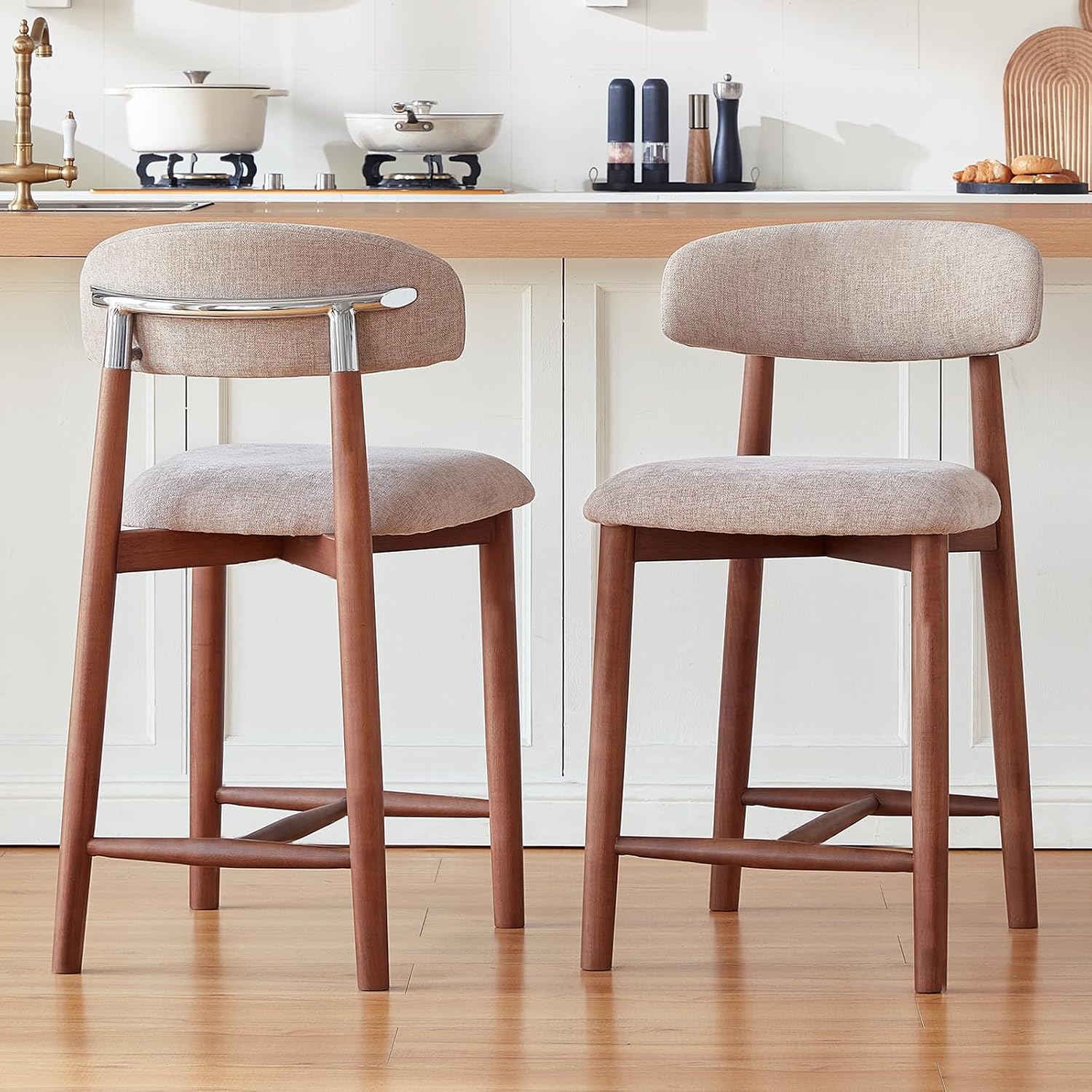 Solid Wood Bar Stools Set of 2,25'' Khaki-Colored Counter Height Bar Stools，Made Solid Wood and Fabric, Ideal for Kitchen Islands and Home Bars