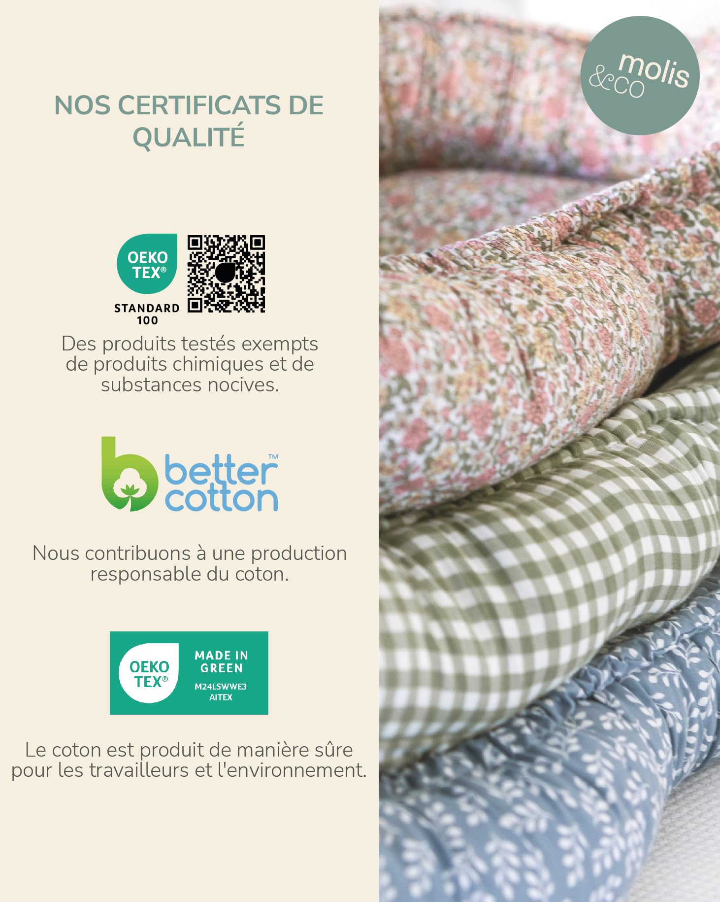 molis&co. Nid bébé 90 x 50 cm. Réducteur de Berceau ou nid de co-Sleeping pour bébés. Coton. Lit portatif ou de Voyage pour Nouveau-né Oeko-TEX 100. Mint Tea.