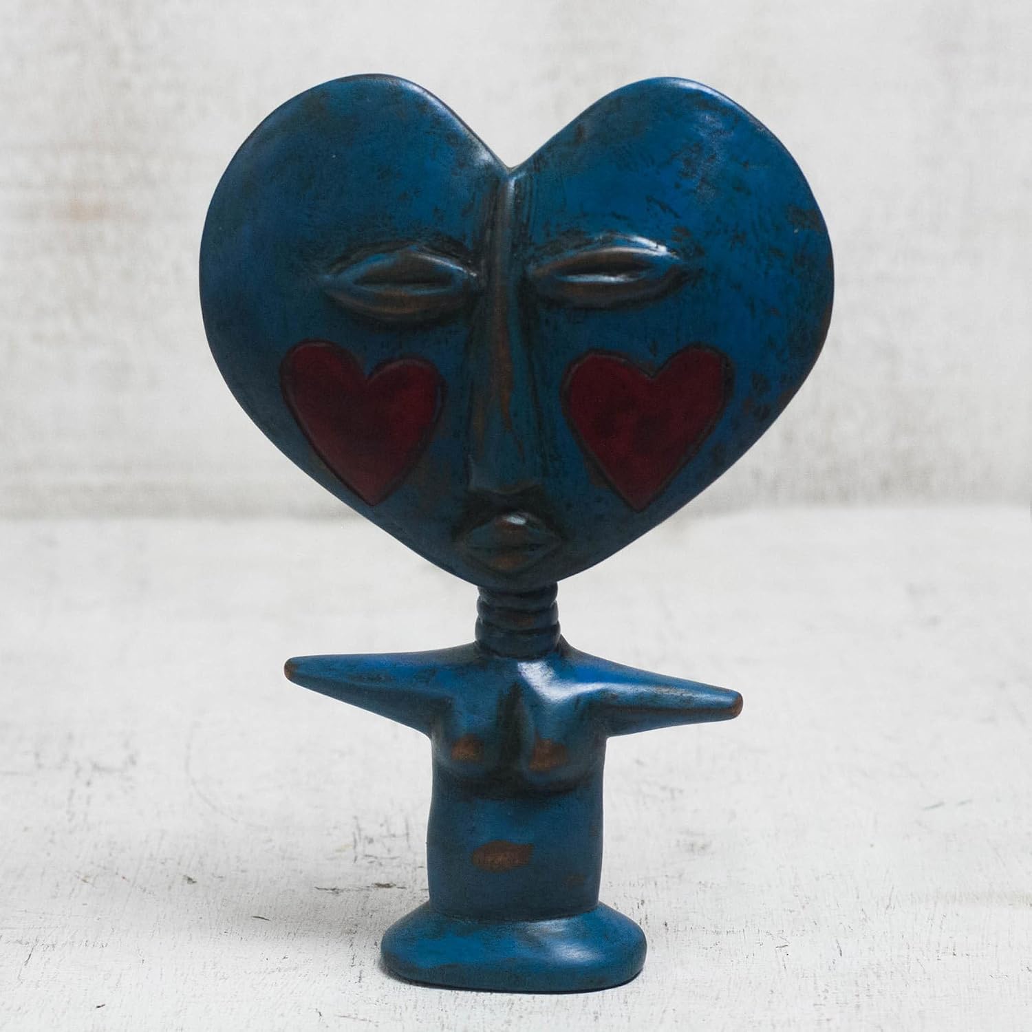 NOVICA Wood Fertility Doll Blue Lover Handcrafted Sese in from Ghana 8in H X 5.75in W X 1.6in D Sculpture Heart Cultural