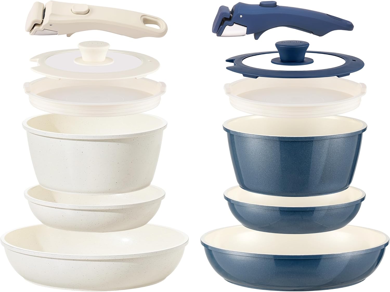 Ceramic Cookware Set Non Stick Pots and Pans Non Toxic with Detachable Handle 16Pcs Kitchen Cookware Set Space Saving, PFAS PFOA & PTFE Free(Cream White+Blue)