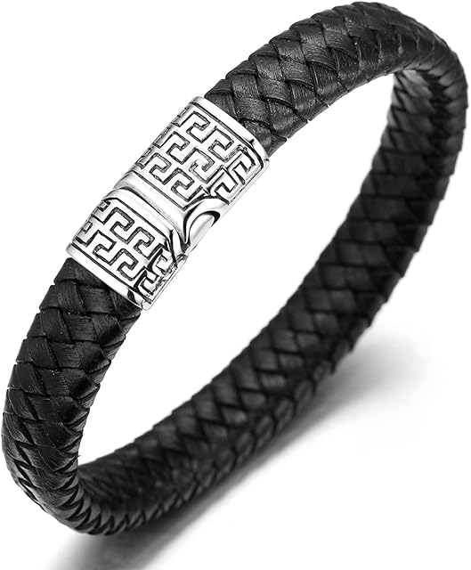 HALUKAKAH  Solo  Men's Leather Bracelet Black Brown Braided Titanium Magnetic Clasp 8.46"(21.5cm) with Free Giftbox