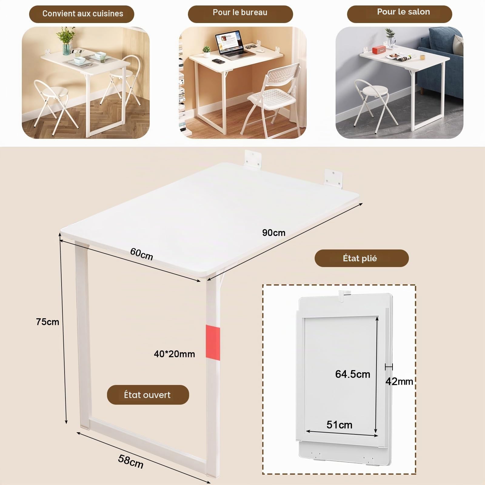 Table murale pliable 90 x 60 cm – Table de salle à manger peu encombrante pour petites cuisines, polyvalente et pratique, parfaite pour les espaces de vie Cact