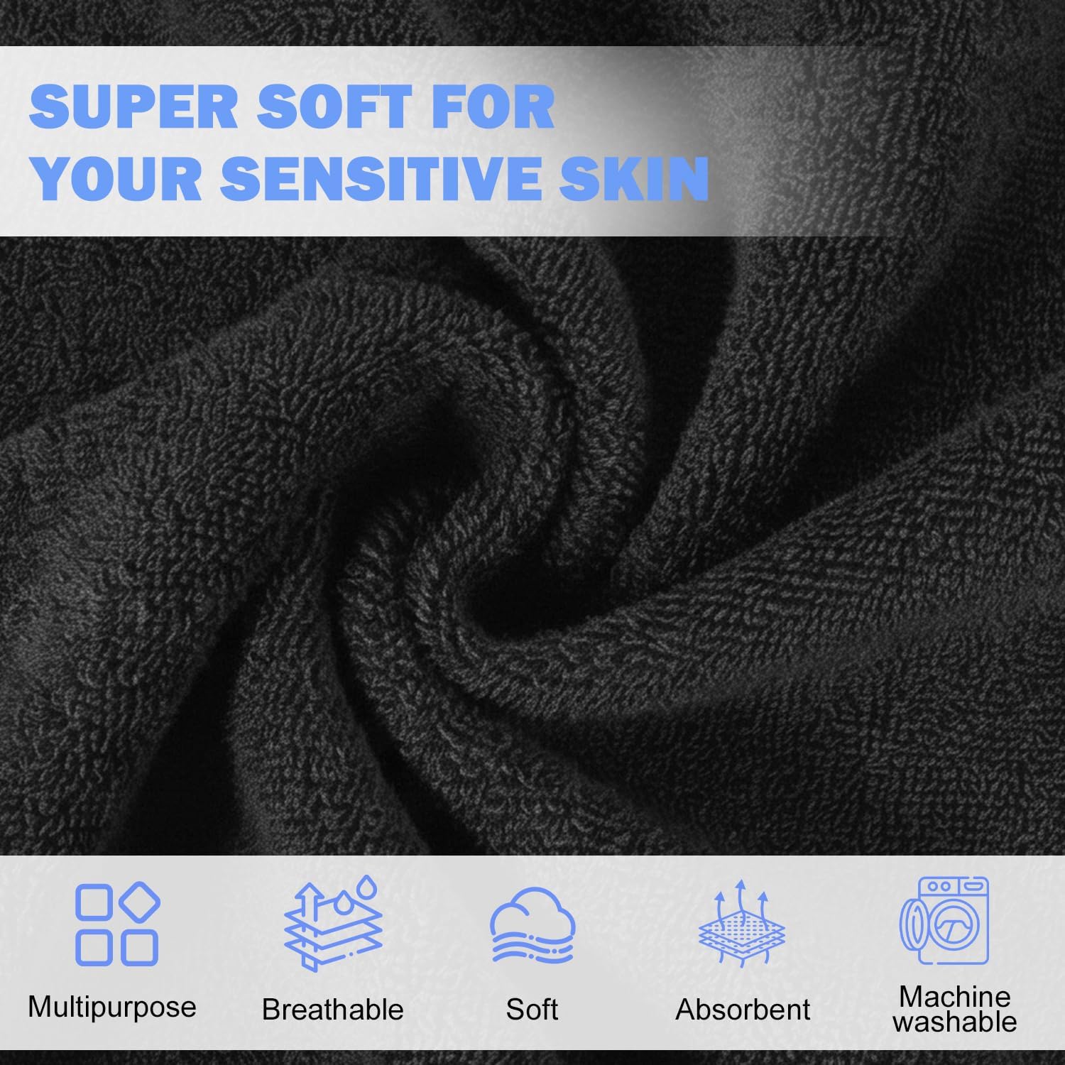 Extra Long Cotton Washcloth, 12 x 43 Inch Body Wash Cloth, Black image 4