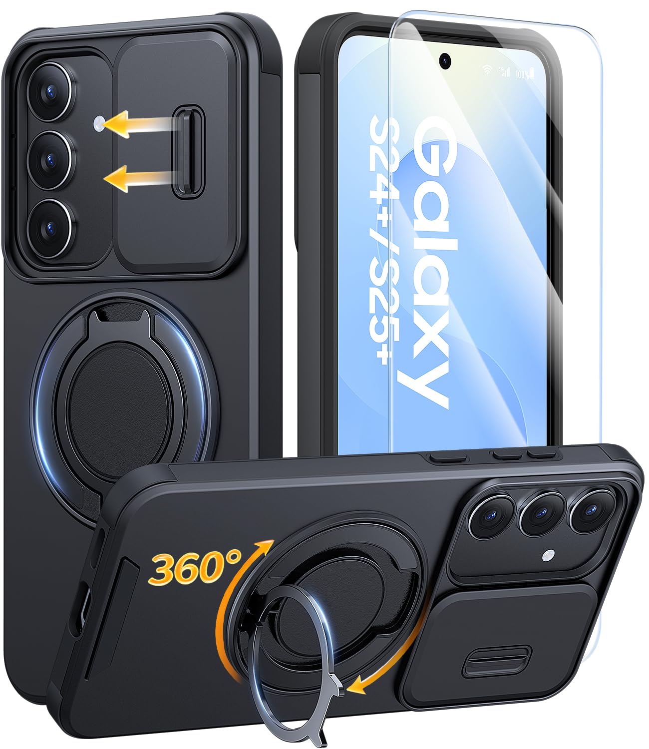 JAME for Samsung Galaxy S24+ Plus/S25+ Plus Case Stand & Slide Camera Cover Galaxy S24 Plus/S25 Plus Black